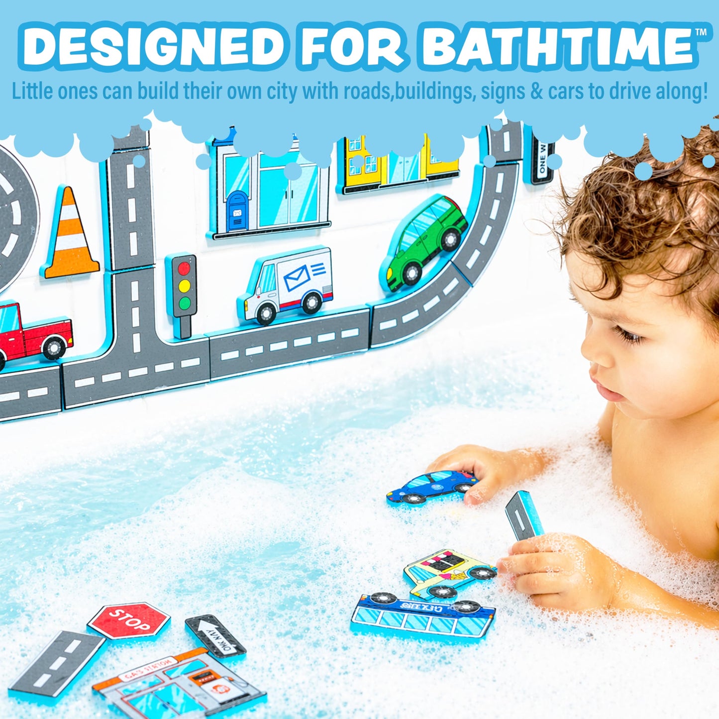 Tub Works® Tub City™ Stick, Build & Drive Toddler Bath Toy | 52 Foam Bath Stickers | Build a City with Roads, Buildings, Signs & Cars | Float & Stick to Tub Walls | Creative Bathtub Toys for Kids Bath