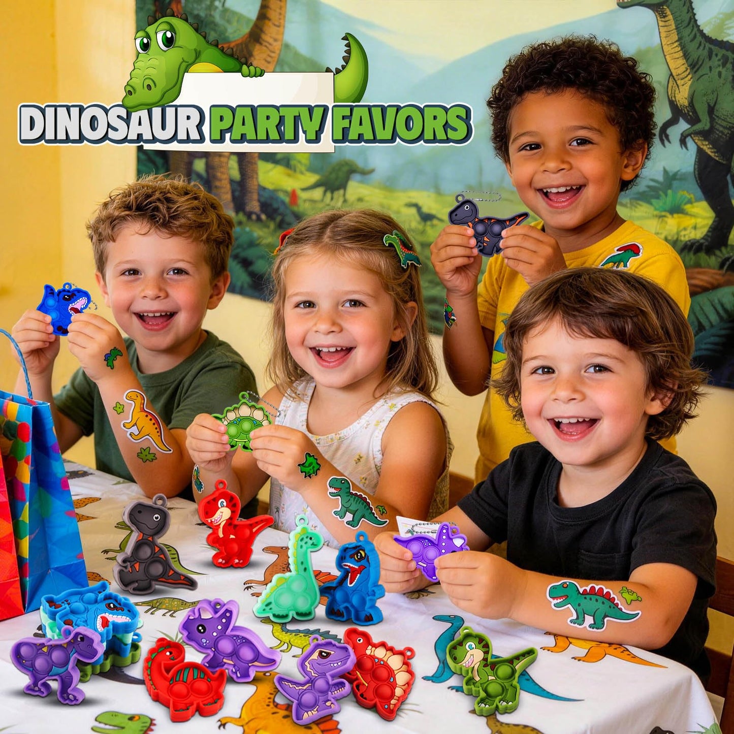 Kiss Monkey 24 Pack Dinosaur Party Favors for Kids, 12 Styles Dinosaur Silicone Fidget Keychains Bulk, Pop Sensory Fidget Toys, Birthday Goodie Bag Fillers, Classroom Prizes for Boys Girls