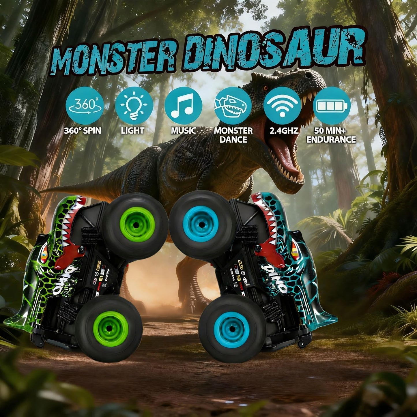 DYODYORC Remote Control Car, 2.4Ghz All Terrain Dinosaur Monster Truck Toys, RC Truck with Music, 3 Lighting Effects, 360 Stunt Capable, 2 Batteries Ready to Run, Toy Gifts for Boys and Girls (Cyan)