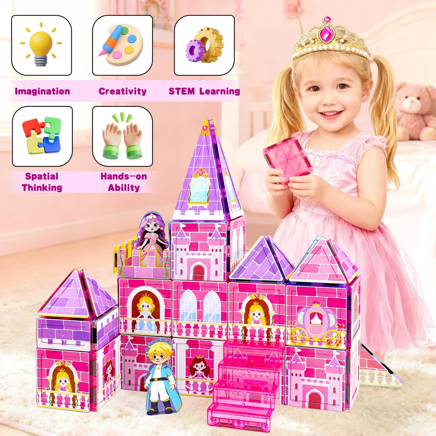Tsomtto Magnetic Tiles for Girls - Princess Magnetic Blocks Building Toys for Kids Ages 3-5 4-8 Toddler STEM Educational Learning Sensory Toys for 3 4 5 6 7 8 9+ Year Old Boys Girls Birthday Gifts