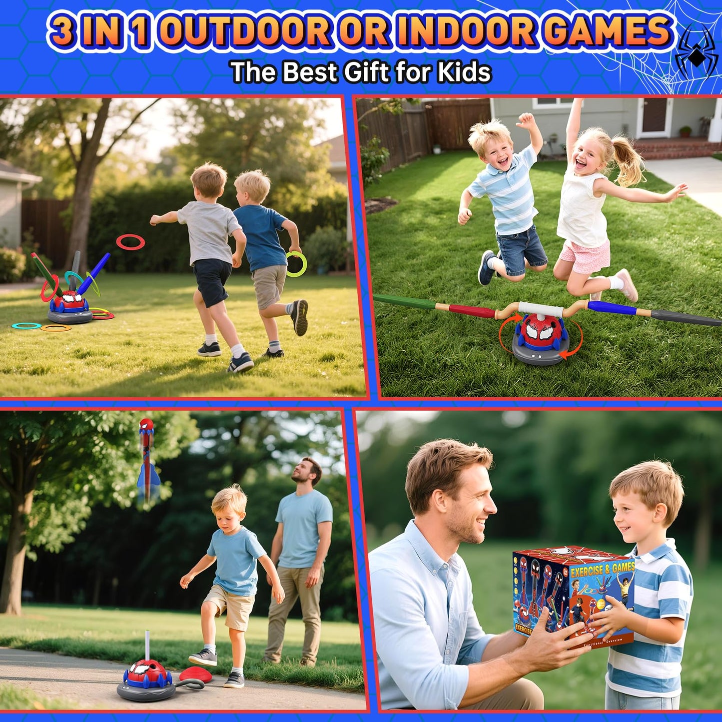 Spider 3-in-1 Rocket Launcher for Kids: 4 Cool Spider Rockets, Ring Toss Game, Musical Jump Toys with Remote Control, Outside Yard Indoor Outdoor Sports Toys for Boys Girls 3 4 5 6 7 8 9 10 Year Old