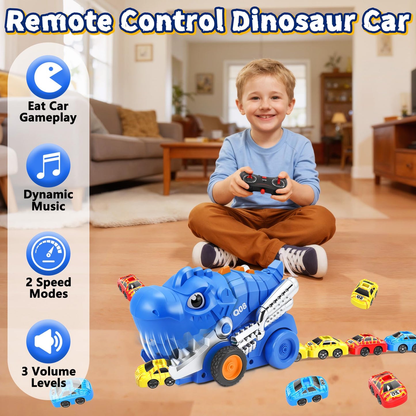 Intoypad Dinosaur Remote Control Car Toys for Kids, 2.4GHz RC Dino Eating Car Toy with 6 Magnetic Cars & Music Dino Truck Birthday Gifts Toys for 3 4 5 6 7 8 9 10 11 12 Year Old Boys Girls (Blue)