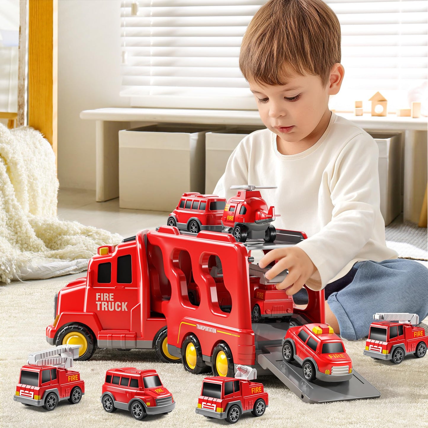 JUKUDAHU 7-in-1 Fire Trucks for 3 4 5 6 Years Old Boys - Transport Car for Toddlers 4-6, Sound and Light Kids Toys for Ages 2-4, Gift for Ages 5-7, 4-8 Year Old Girl Birthday Gifts