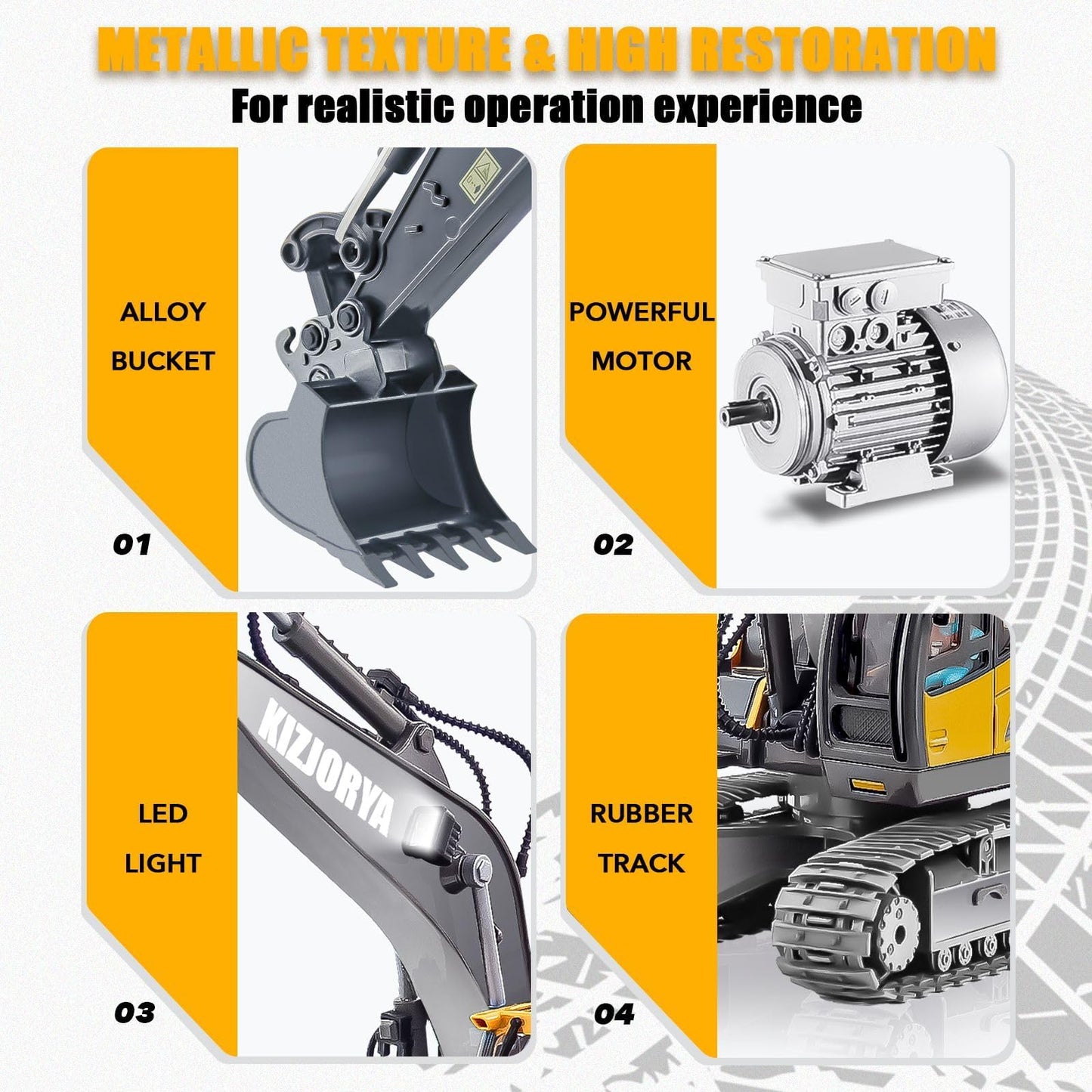 KIZJORYA Remote Control Excavator, Toys for Boys Age 6-12, Rechargeable 11 CH RC Construction Vehicles Truck with Sound Light Metal Shovel, Birthday for Kids 7 8 9 10+ Year Old(2.4 GHz)