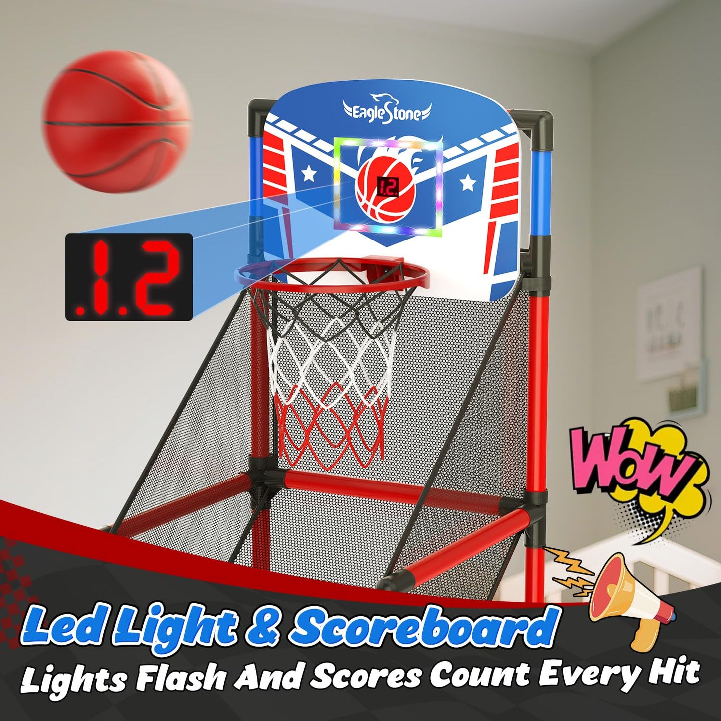 EagleStone Kids Adjustable Arcade Basketball Hoop with LED Lights & Scoreboard, 4 Balls Ball Storage Net, Indoor Outdoor Carnival Basketball Game Set for Boys & Girls Ages 3-12, Pump Included