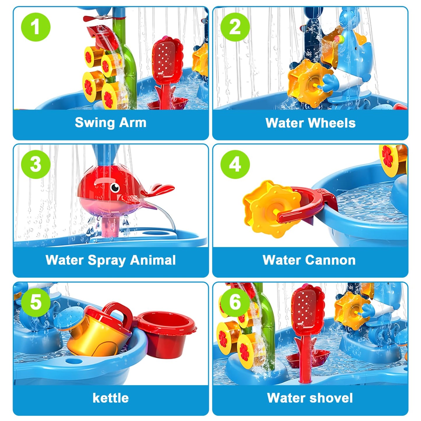 zefinot 3-Tier Water Table for Toddlers 1-3, Kids Water Play Table with Waterfall, Spinning Wheels and Splash Accessories for Outdoor Backyard Summer Fun
