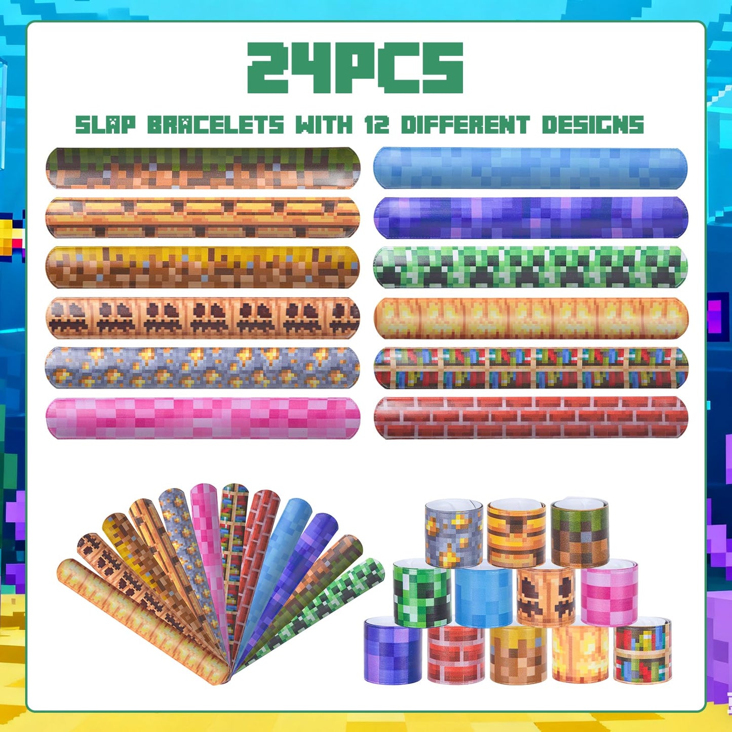 Lottmopi 24 Pcs Pixel Party Favor - Pixel Slap bracelets, Birthday Decorations Party Supplies, Exchanging Gifts Classroom Prizes, Game Theme Decorations (12 Styles)