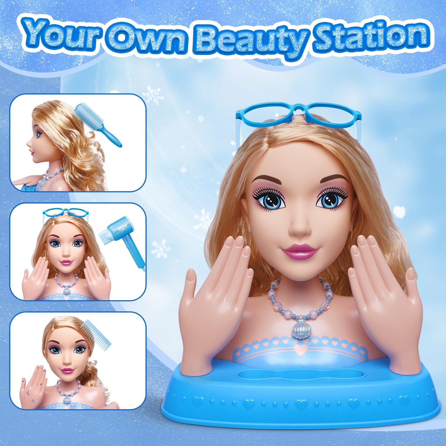 Blonde Hair Styling Doll Head 10.5” with Washable Makeup Set, 3-in-1 Styling Head Toy with 20+ Accessories, Pretend Hair Salon Playset for Girl, Birthday Gifts for Girls Ages 3 4 5 6 7 8+