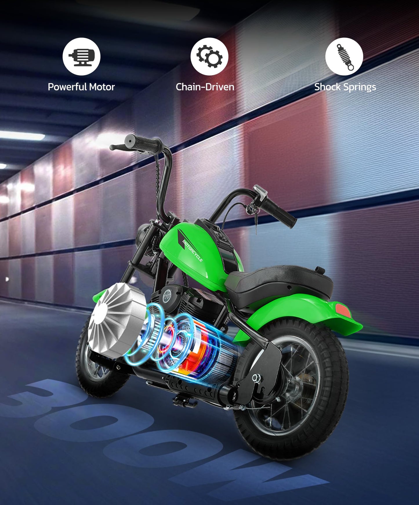ELEMARA Electric Dirt Bike, 15 mph & 150lb Max, 24V Ride on Toy for Big Kids w/LED Lights & Power Display,Chain-Driven Motor,Twist-Grip Throttle, Shock Springs,Handbrake,12" Air-Filled Tires-Green