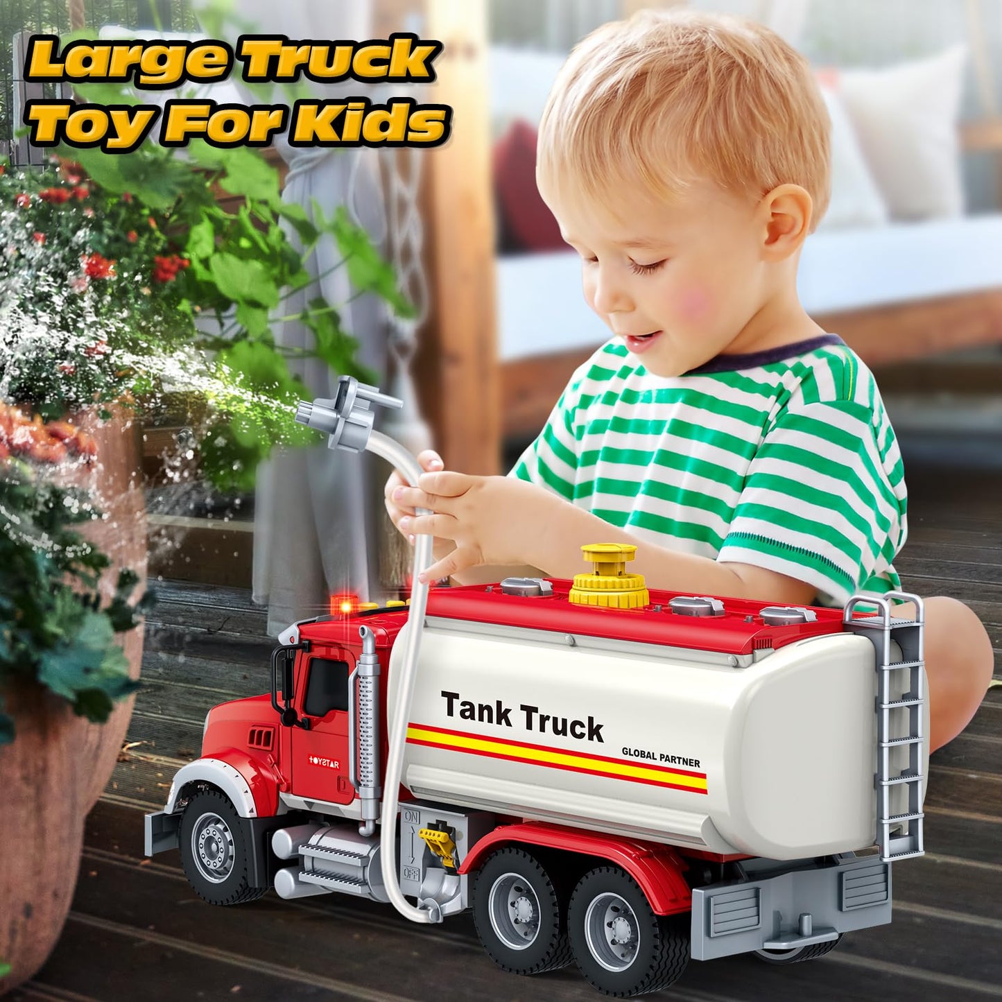SpringFlower Toy Truck, Boy Toy for 3 4 5 6 Year Old Boys, Oil Tanker Truck Toy with Sound Light and Water Spray Function, Christmas Birthday Gifts for Boys & Girls