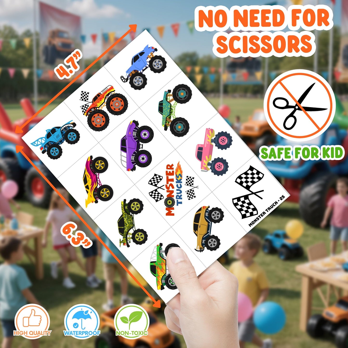 48PCS Monster Truck Party Favors - 24PCS Temporary Tattoos & 24PCS Stick Hands Party - Perfect Birthday Party Supplies, Goodie Bag Stuffers, Treasure Box Toys, Classroom Prizes, and Student Gifts