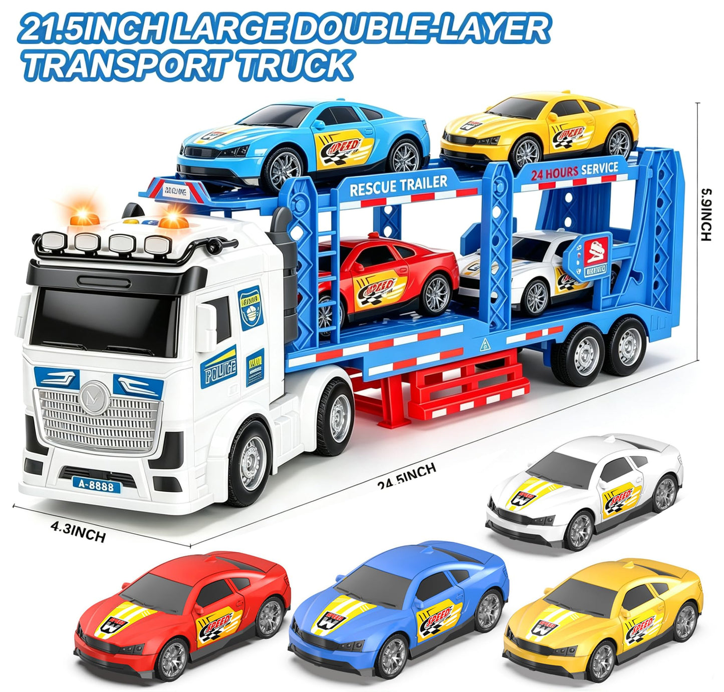 DOWELLIN Carrier Truck Race Car Toys for 3 4 5 6 7 Years Kids, 21.5" Friction Powered Double Layer Semi Transport Truck Toy with 4 Racing Cars, Lights&Sounds Vehical Toys, Xmas Gift for Boy Girl-Blue