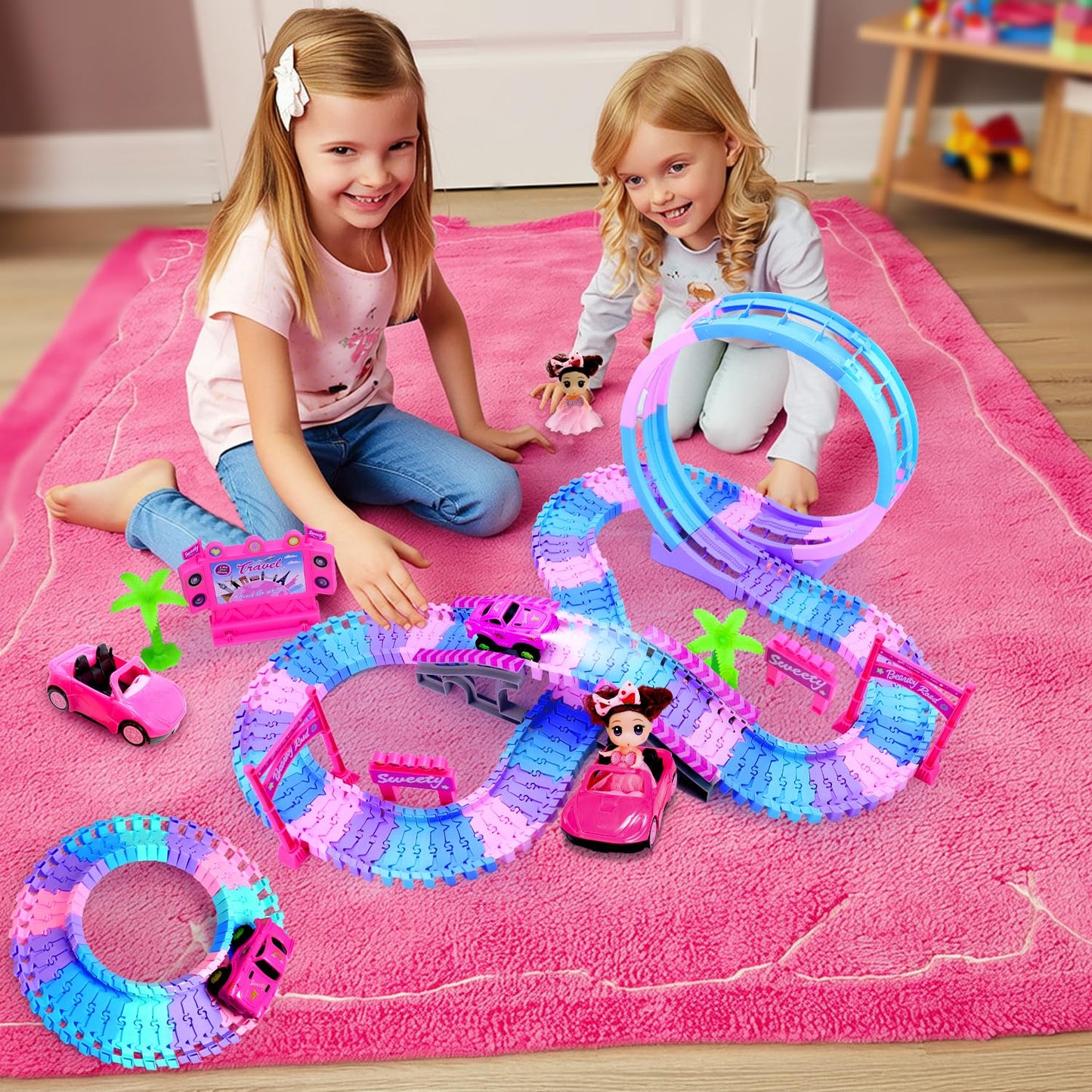 SCKTYZS Tracks Car Toys for 3 4 5 6 Year Old Girls Kids,177 PCS 360°Rotating Track Flexible Car for Girls 3-5 Toddler Flex Track Race Cars Toys Birthday Gifts