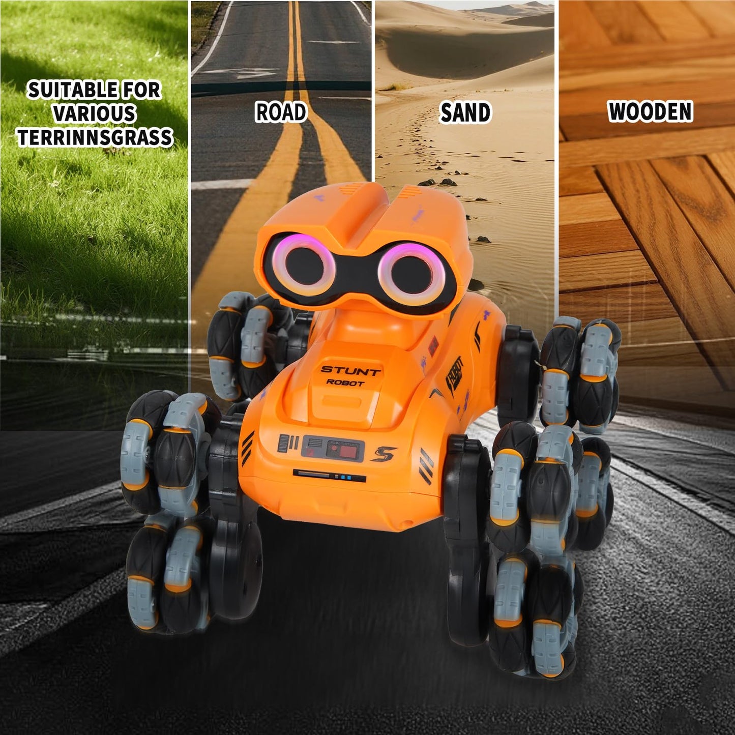 Robot Toy,8 Wheels RC Stunt Robot Toys for Boys Ages 6 7 8-12 13 14 Year Old Kids with Lights Musicand LED Eyes,2.4Ghz,360° Rotation,Gift for Kids Birthday Christmas (Orange)