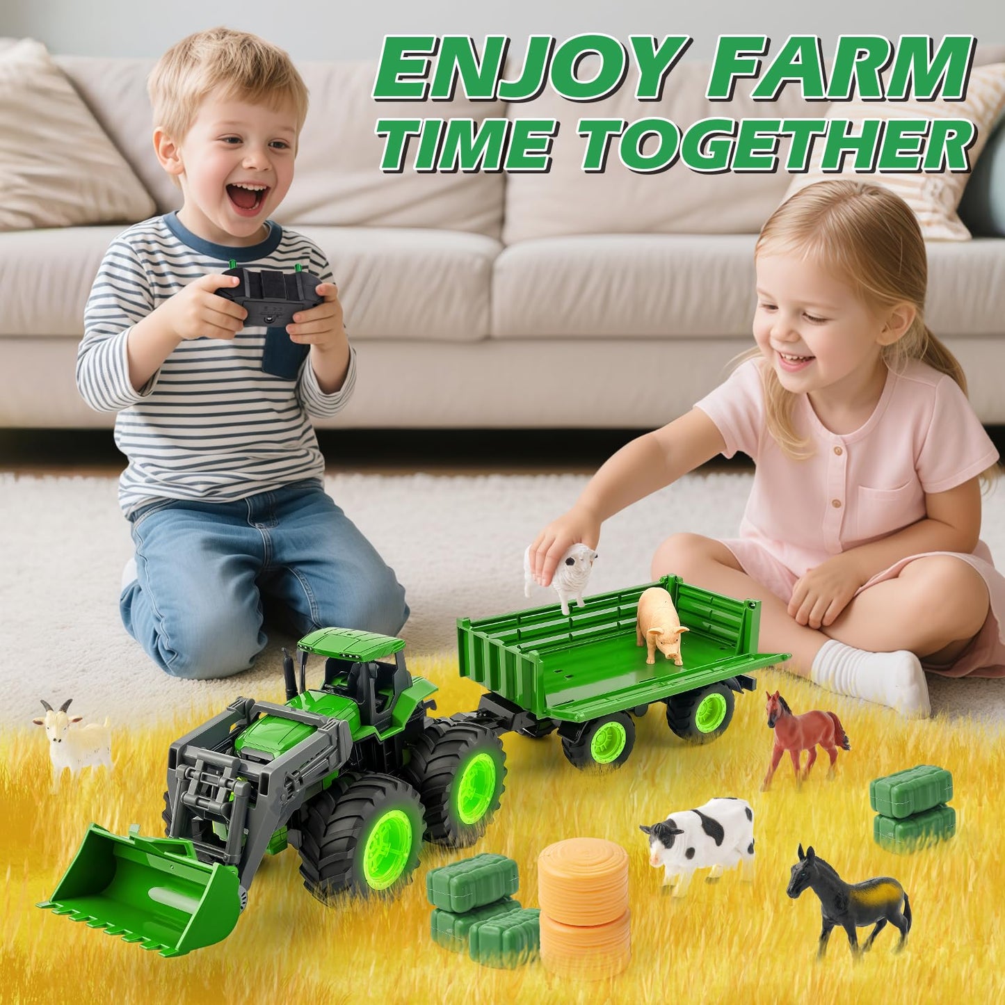 Remote Control Tractor Toy, Kids RC Tractor Set with Truck & Trailer and Light/Loading/8 Wheel, 2.4 Ghz RC Farm Vehicle Toys, Animal Farm Kids Toy for 3 4 5 6 7 8 9 Year Old Boys Girls Birthday Gift