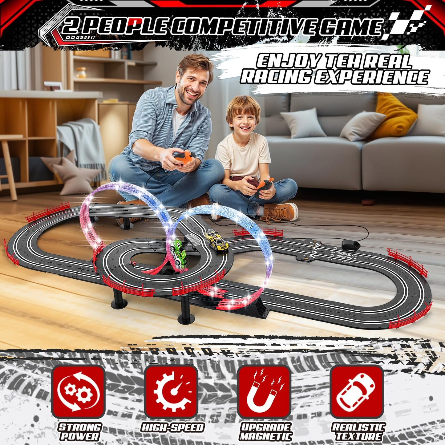 3 IN 1 Slot Car Race Track Sets with 4 High Speed Slot Cars, Electric Race Car Track Include Circular Overpass Flash Tracks, 1:43 Remote Control Track Car Game Toys Gifts for Adults Boys Ages 6 7 8-12