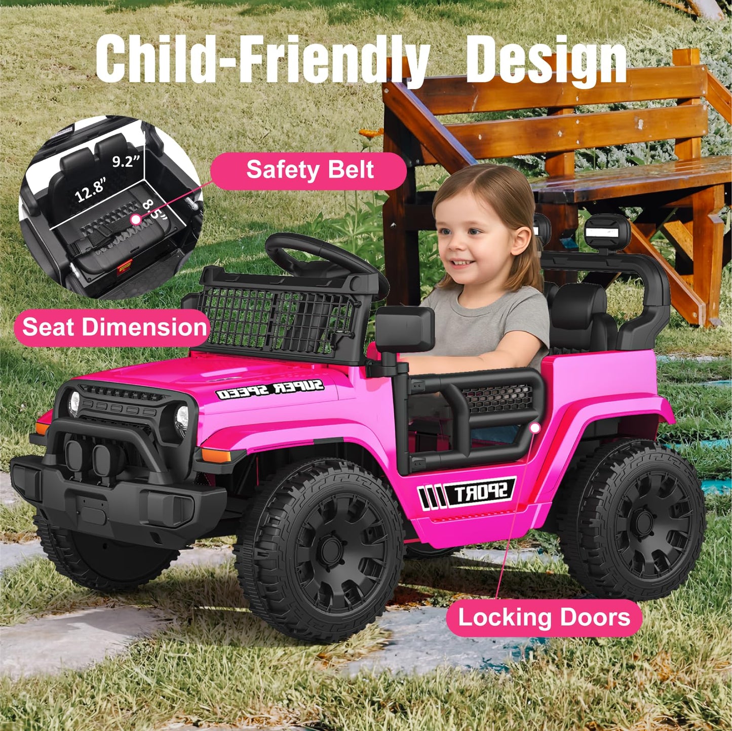 TRINEAR 12V Ride on Toys with Parent Remote Control, Toddler Electric Car with Spring Suspension, LED Lights & Music Player - Safe Battery Car for Kids, Easy to Assemble, Pink