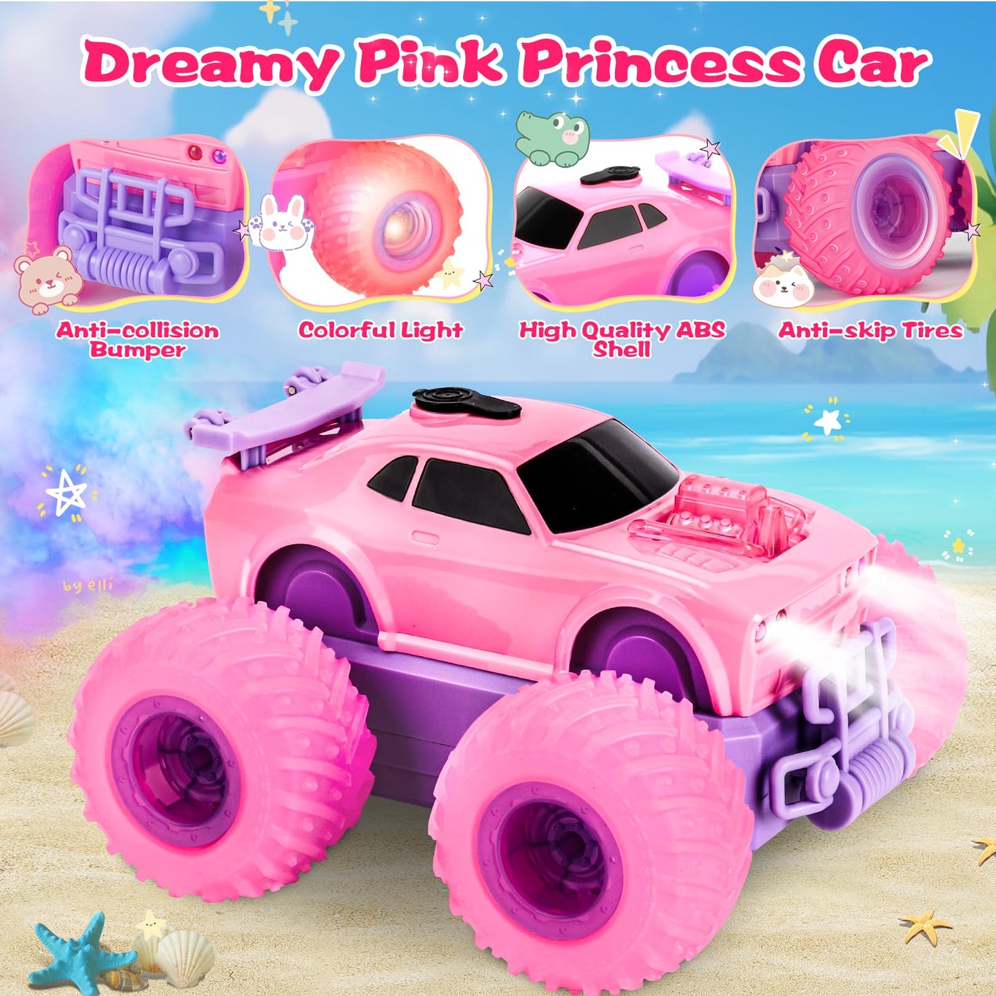 Drefirsa Princess Remote Control Car for Girl, Pink Monster Truck with DIY Sticker, Headlight, Colorful Wheel Light, Rotation, Spin and Spray, Toy Car for Girl 3 4 5 6 7 8 Year Old Birthday Gift