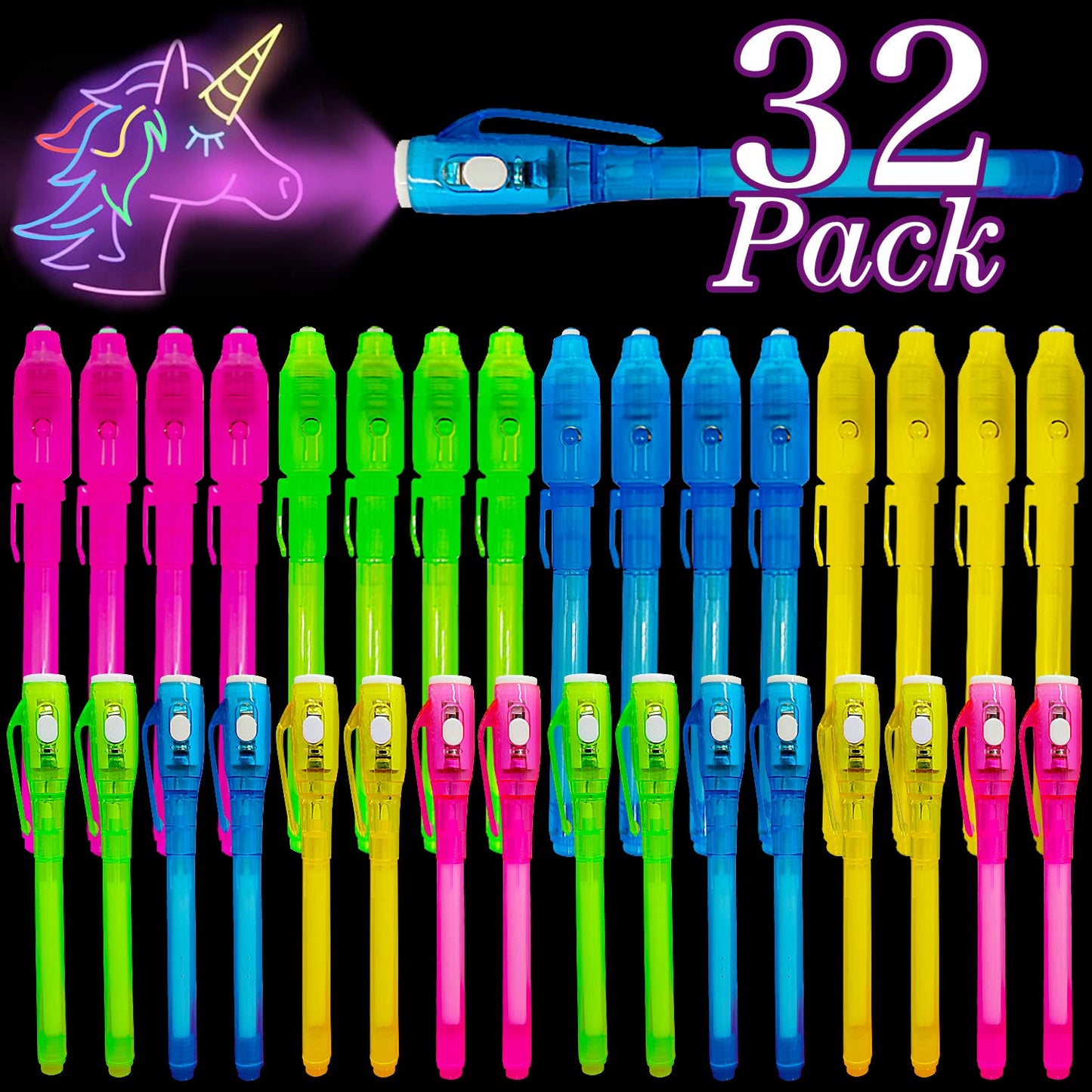 iGeeKid 32 Pack 2 Style Invisible Ink Pen with UV Black Light Secret Spy Pens for Secret Messages, Magic Disappearing Ink Markers School Supplies Kids Party Favors Boy Girl Exchang Patriotic