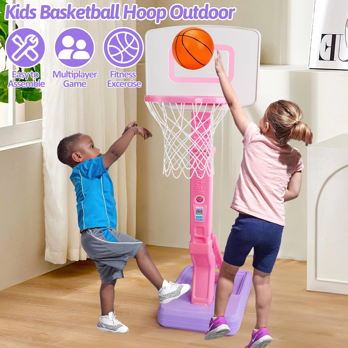 Qirptey Toddler Girl Basketball Hoop Indoor Pink Adjustable Mini Basketball Goal with Ball Pump for Outdoor Poolside Toys Backyard Game Outside Basketball Toy for Kids Age 3-5 6 7 4-8 Birthday Gift