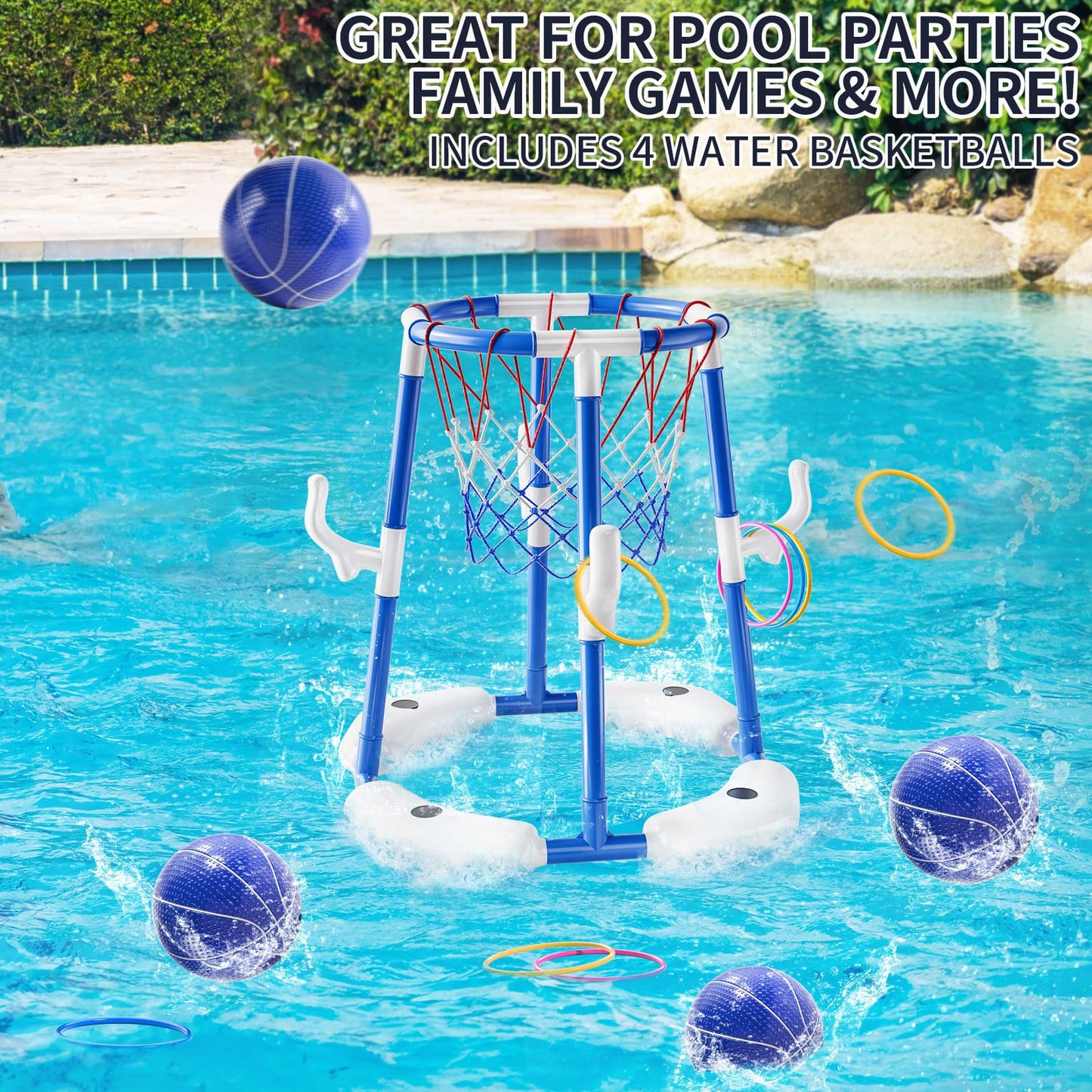 NIPLOOOW Pool Basketball Hoop, 2-in-1 Floating Pool Toys Ring Game with 4 Balls and Pump, Outdoor Swimming Pool Basketball Games Water Play Toy Family Party for Kids Adults Age 3-12 (Blue)