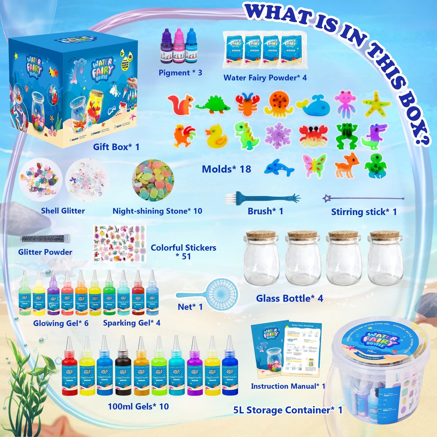 Craft Spot! 116PCS Magic Glow in The Dark Water Fairy Gel Toy, Create 150+ Sea Animals with 18 Molds & 100ml Gels, DIY Sensory STEM Science Kit, Creative Christmas Birthday Gift for Kids Girls & Boys
