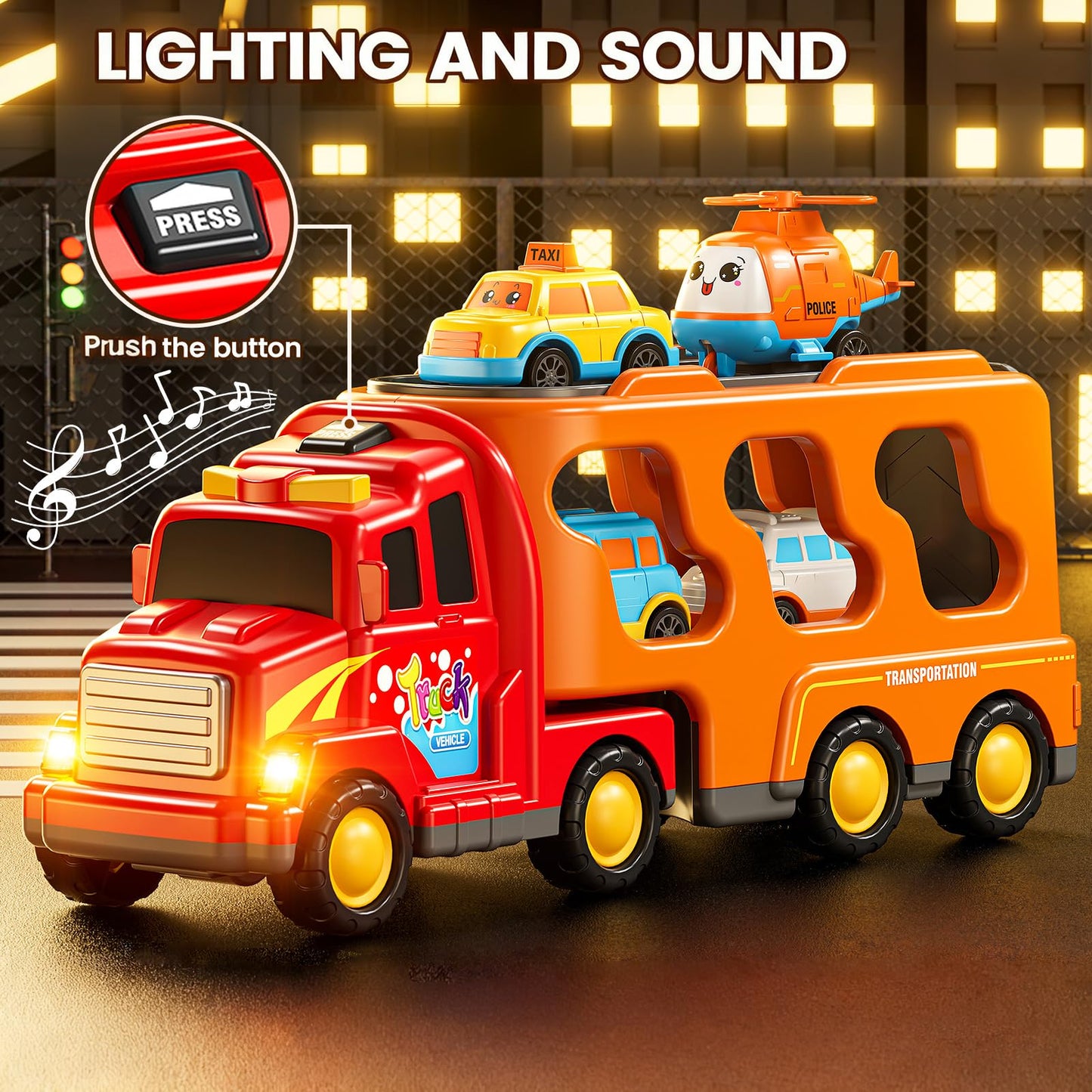KIZONLY Trucks for Toddlers 3-4 Years, Toys for 3 4 5 6 7 Years Old Boy, 5 in 1 Carrier Transport Truck Vehicle Toy Set with Sound and Light, Christmas Birthday Gift for Kids 3 4 5 6 Years Old