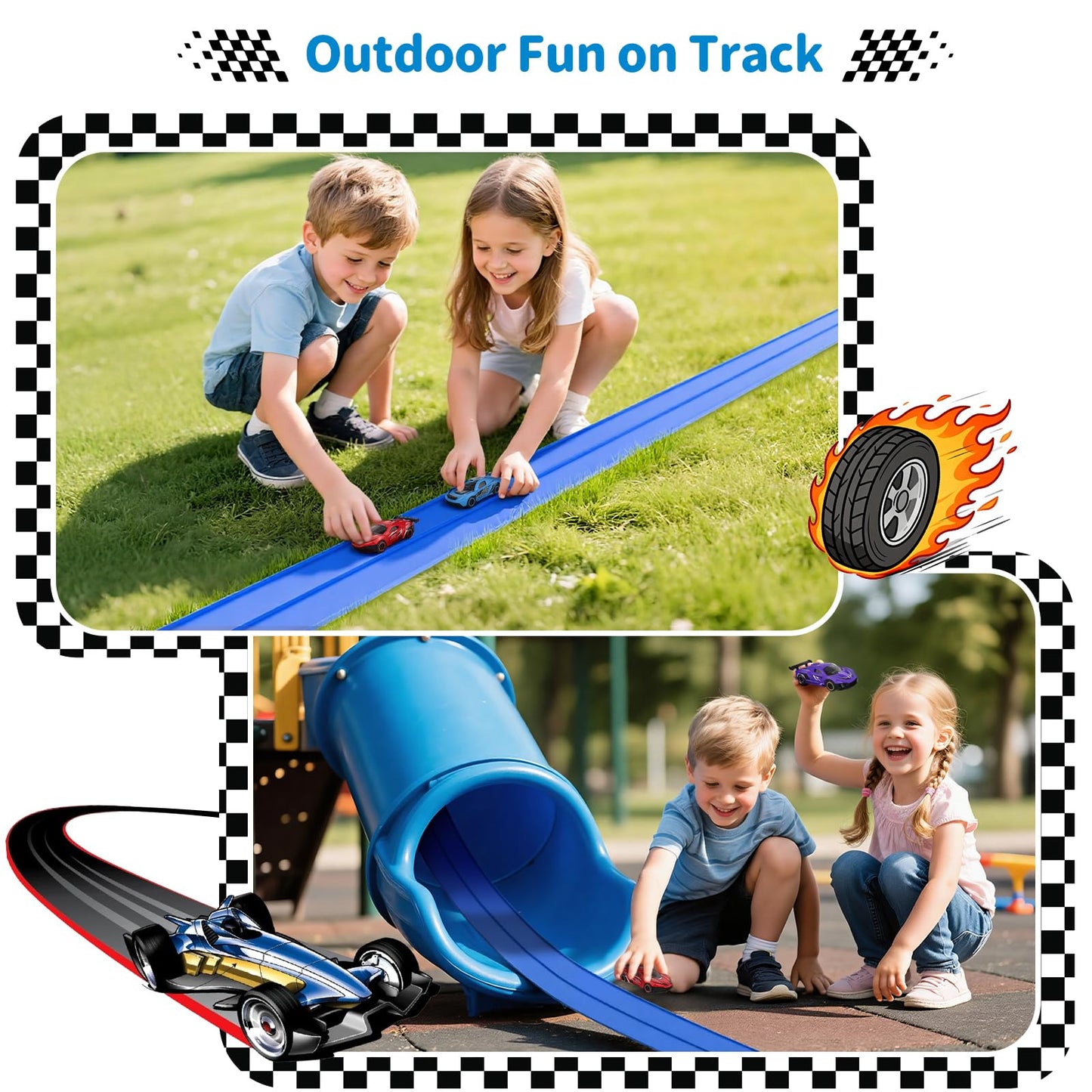 Flex Race Track 16 Ft with Suction Cups Compatible with Diecast 1/64th Cars, Flexible Car Track Toys for Ages 3+ Kids Toddlers Roll Out Portable Racetrack (Blue)
