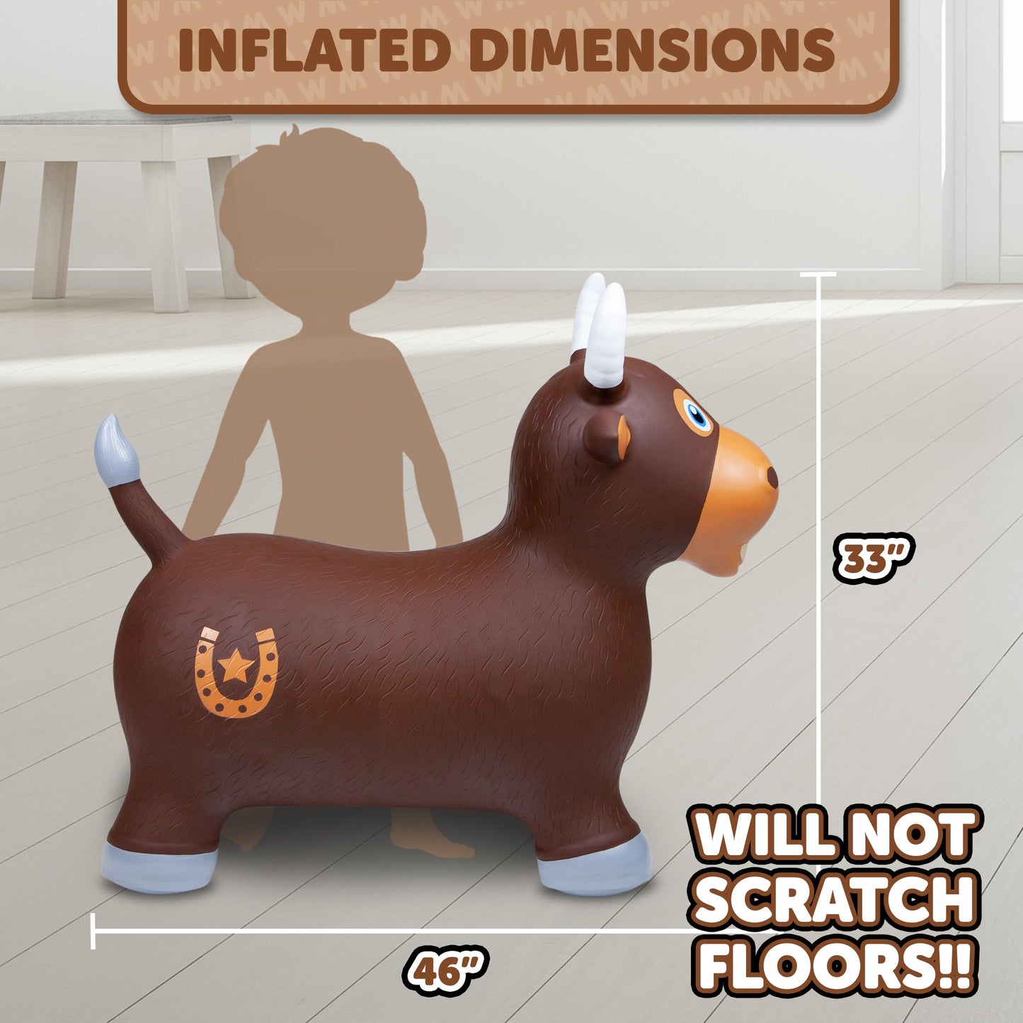 WADDLE Bouncy Hopper Inflatable Hopping Animal, Indoors and Outdoors Toy for Toddlers and Kids, Pump Included, Boys and Girls Ages 2 Years and Up (Brown Bull)