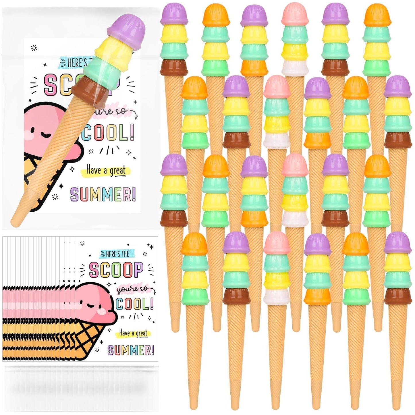 24 Sets End of Year Student Gits from Teacher Incudes Ice Cream Party Favors Ice Cream Pen Cute Cartoon Novely Gel Pen for Students School Classroom Prizes Last Day of School Gift Set