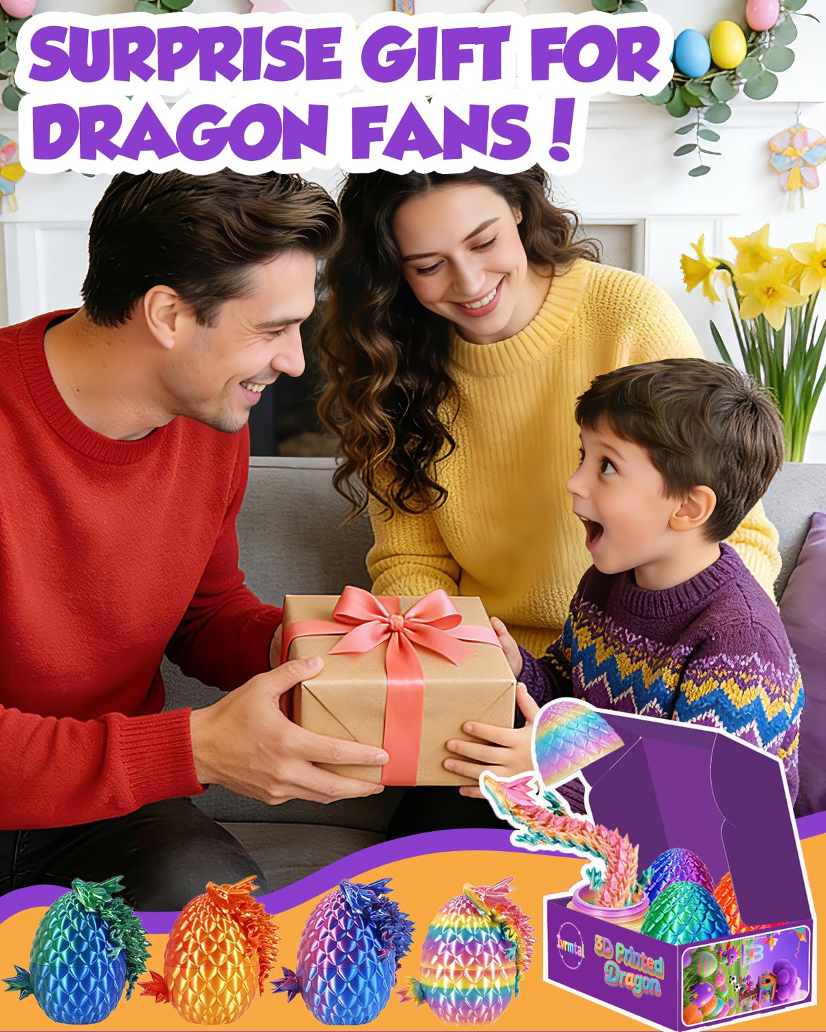 Ivrmtal 4PCS 3D Printed Dragon Eggs with Dragon Inside, Prefilled Easter Eggs with Toys for Kids 3D Printing Crystal Dragon Animals Easter Basket Stuffers and Essentials Dragon Gifts for Boys Girls