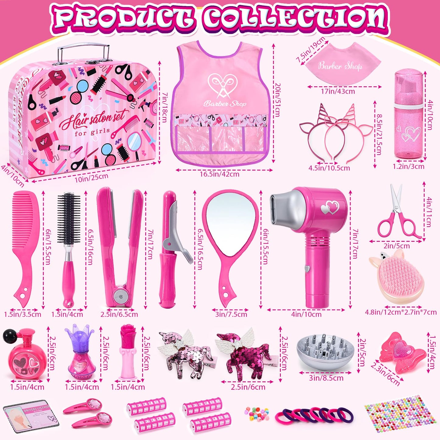 Lorfancy 49 Pcs Hair Salon Girls Toys Kids Pretend Play Makeup Sets Toddler Dress Up Beauty Hair Stylist Kit with Hairdryer Apron Curling Flat Iron Mirror Scissors Accessories Girl Birthday Gifts