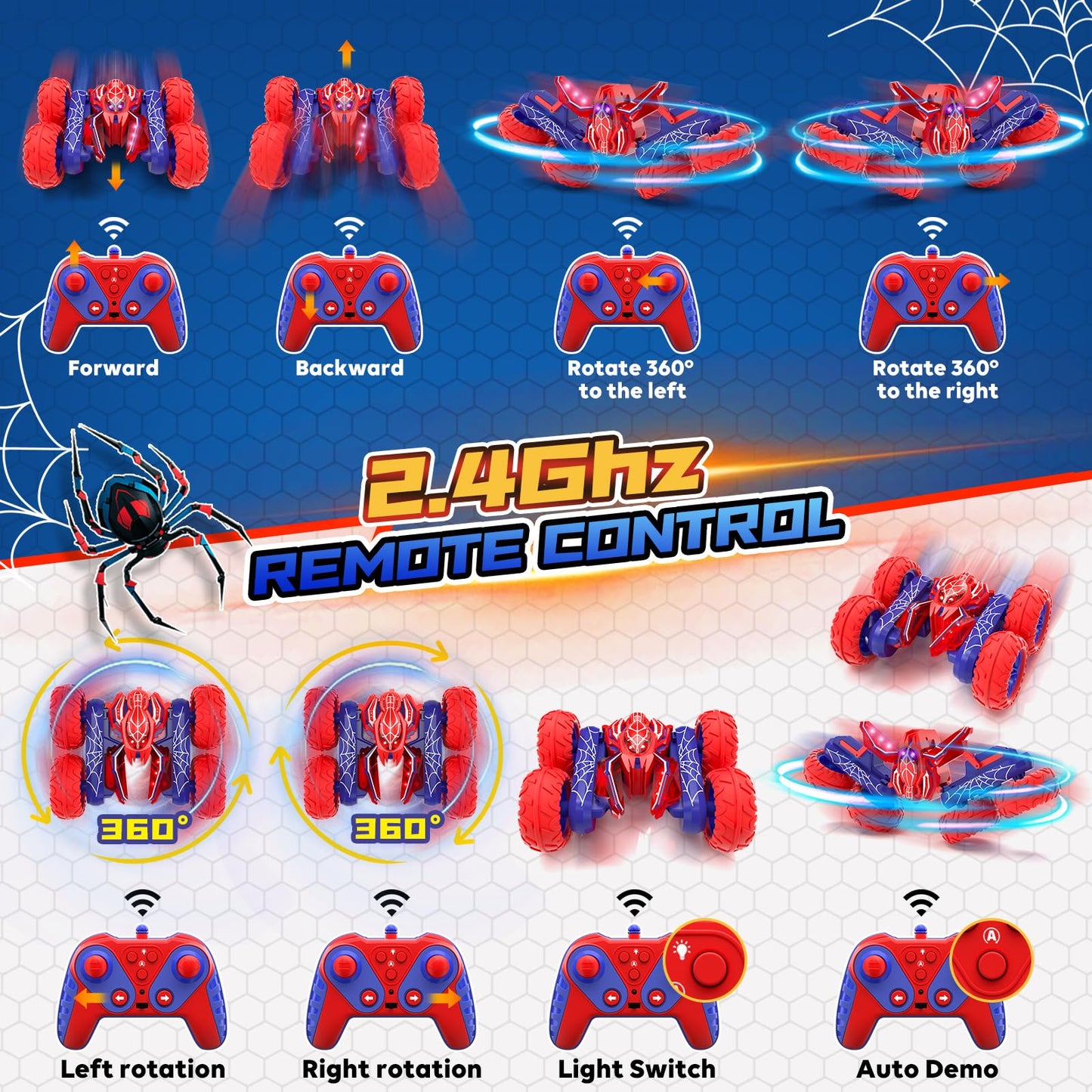 SOGAWEBB Spider Remote Control Cars for Boys 4-7, 360° Spinning RC Stunt Car with 2 Batteries Cool Lights Toys Birthday Gift for Boys 4 5 6 7 8 9 10 11 12 Year Old