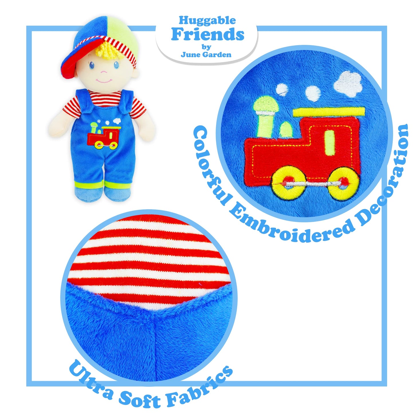 June Garden 13.5" Soft Dolly Ben - Stuffed Soft Baby Boy Doll for Birth and Up - Blue Outfit