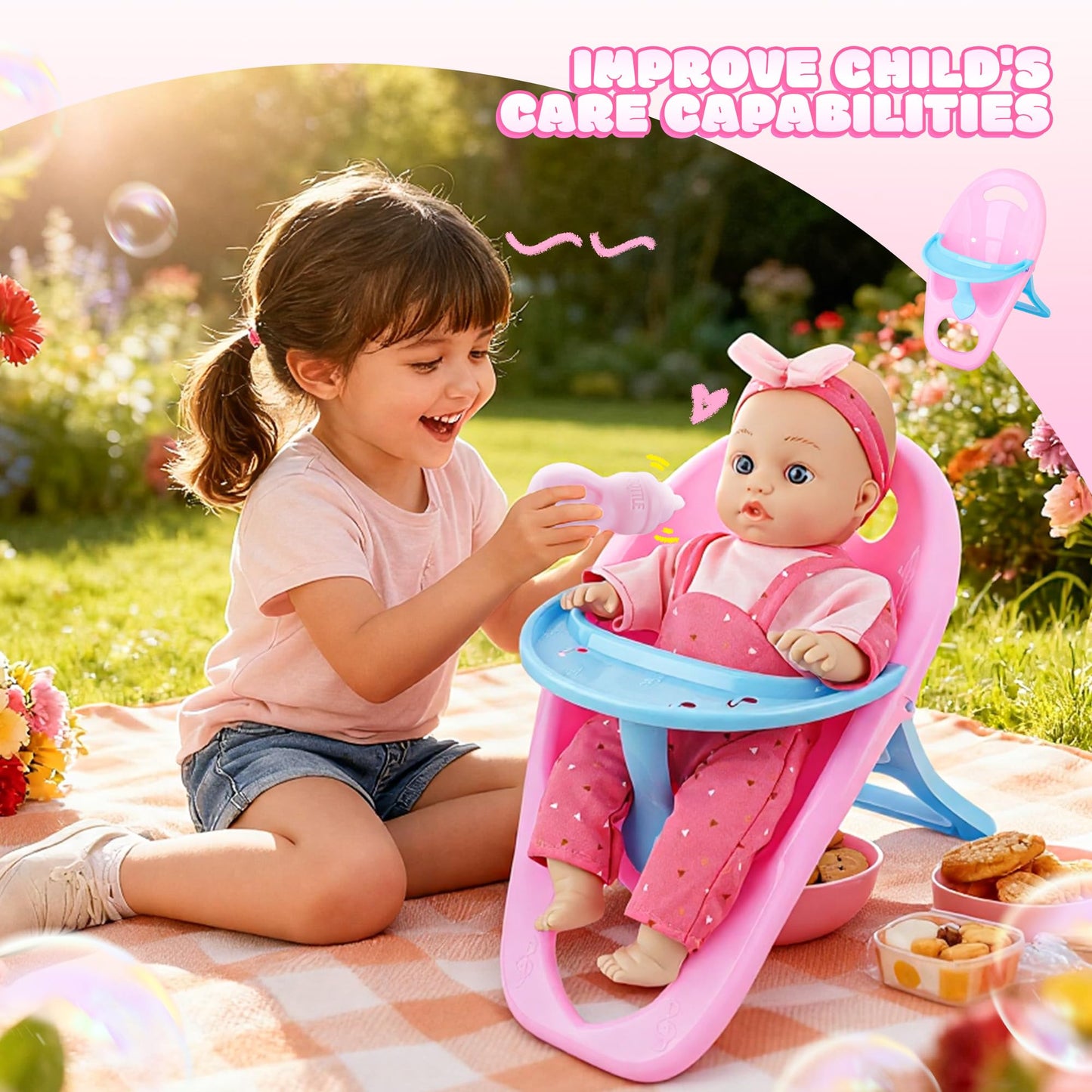 SMILESSKIDDO Baby Doll with Stroller PlaySet - 12 Inch Soft Body Dolls and Accessories Dining Chair, Doll Clothes, Feeding Set for Realistic Pretent Play, Babydoll Care Gift for Toddler Girls 2 3 4 5