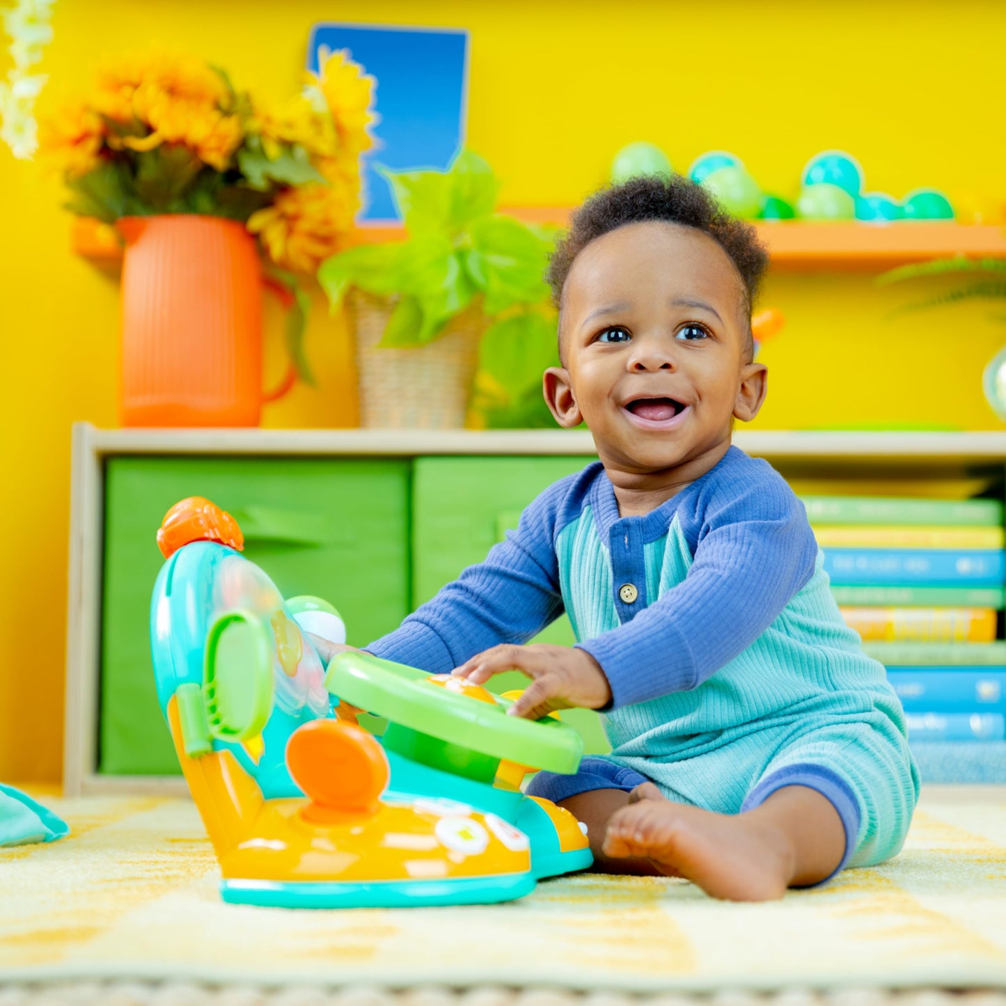 Bright Starts Lights and Colors Driver Toy Steering Wheel with Car Sounds for Pretend Play - Green, 6 Months and up