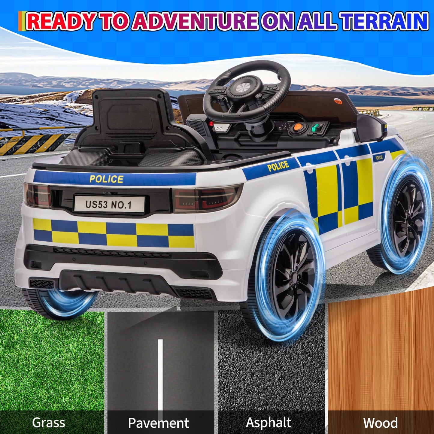 GarveeLife 12V Police Car Ride on Electric Car for Kids, Battery Powered Ride-on Toys with Remote Control, Speaker, Flashing Lights, Music, Headlights, Spring Suspension, Gift for Boy Girl 3-8, White