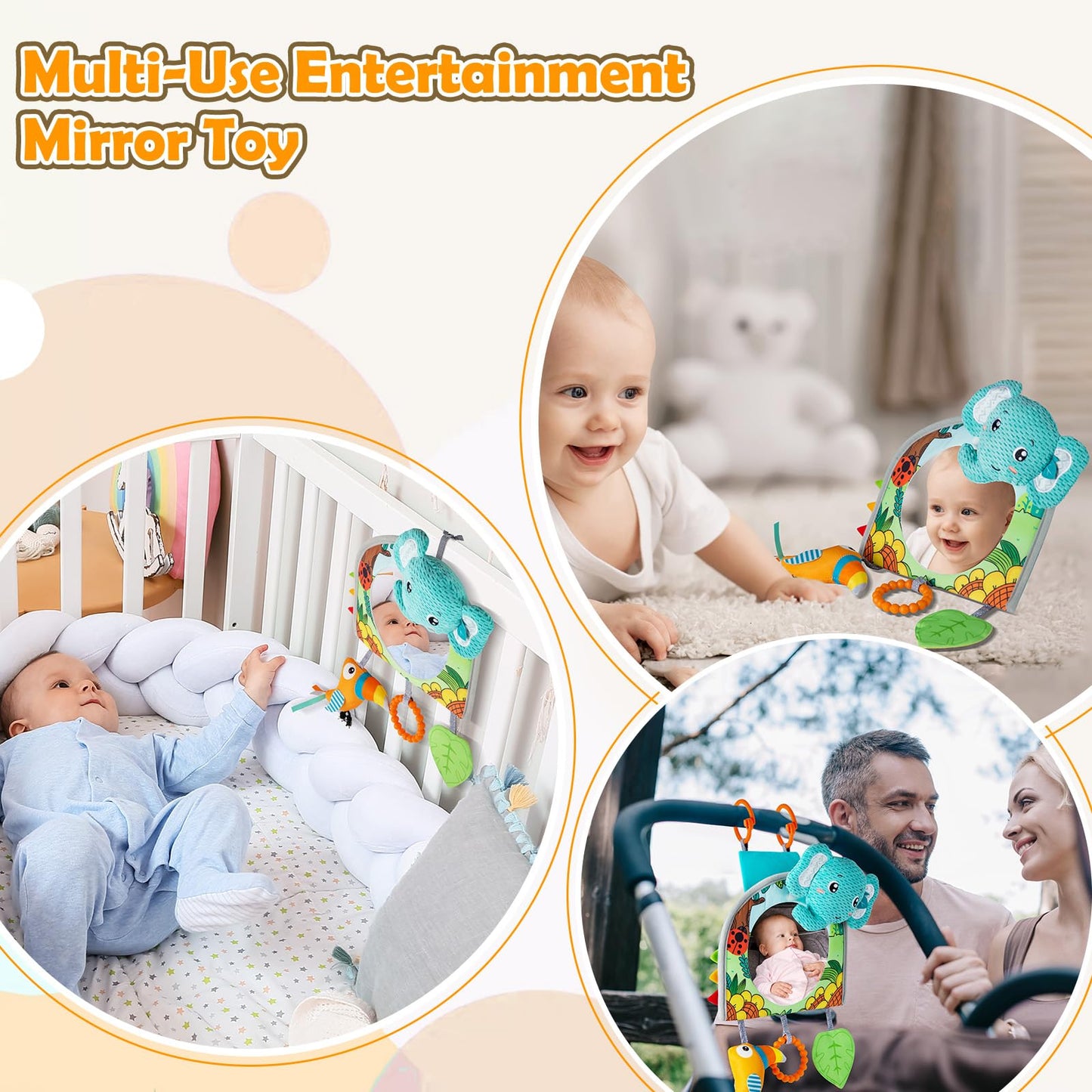 Lynncare Car Seat Toy, Baby Car Mirror for Rear Facing, Travel Baby Activity Center with Hanging Engaging Toys for Infants Babies 0-6-12-18 Months Boy Girl