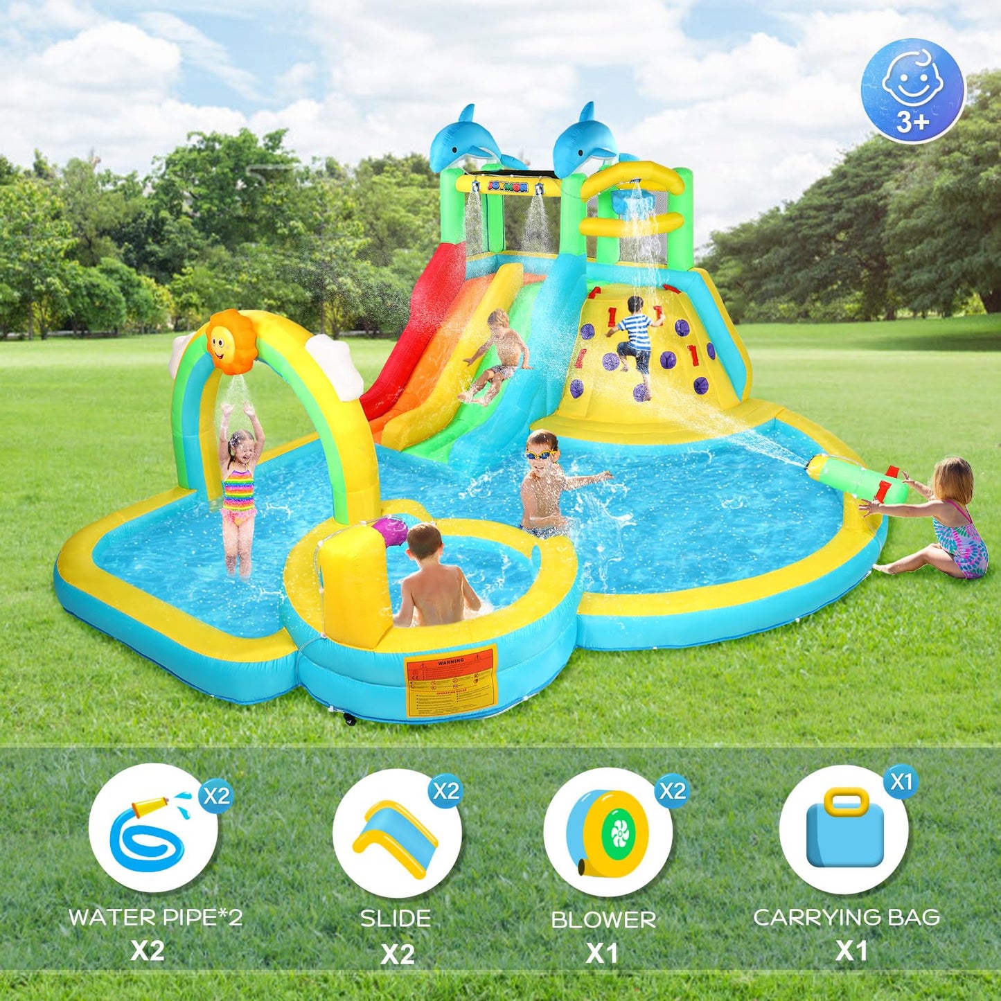 (2026 New) JOYMOR Inflatable Water Slide Bounce House w/Water Bucket, Climbing Wall, Pool, Rainbow Sprinklers, 1min Blow Up Water Slide 10-in-1 for Kids w/Strong Blower, Carrying Bag