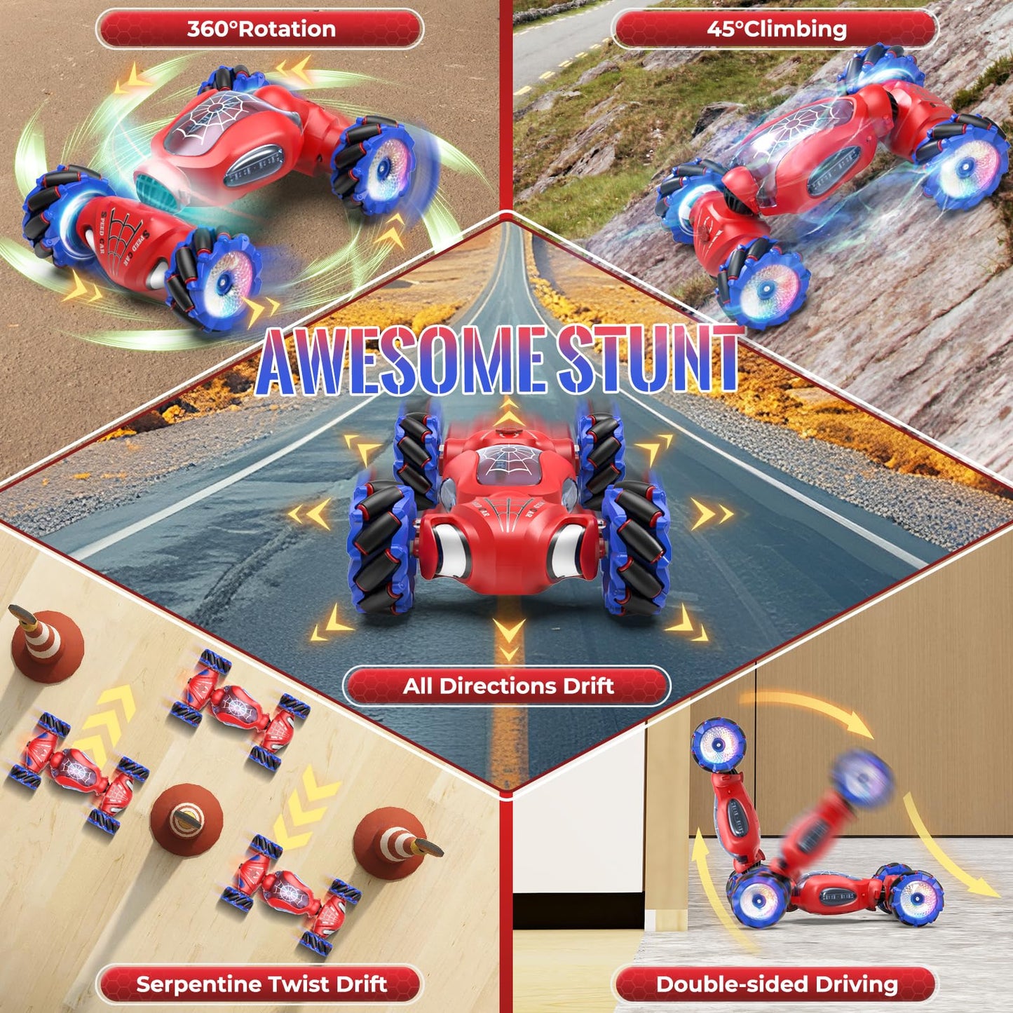 Fosgoit Spider Remote Control Car Toys for 6-12 Boys Girls, Birthday Gifts for Kids, 2.4Ghz 4WD Gesture Sensing RC Stunt Car with Light & Music & Spray, Double-Sided 360° Rotating Hand Control