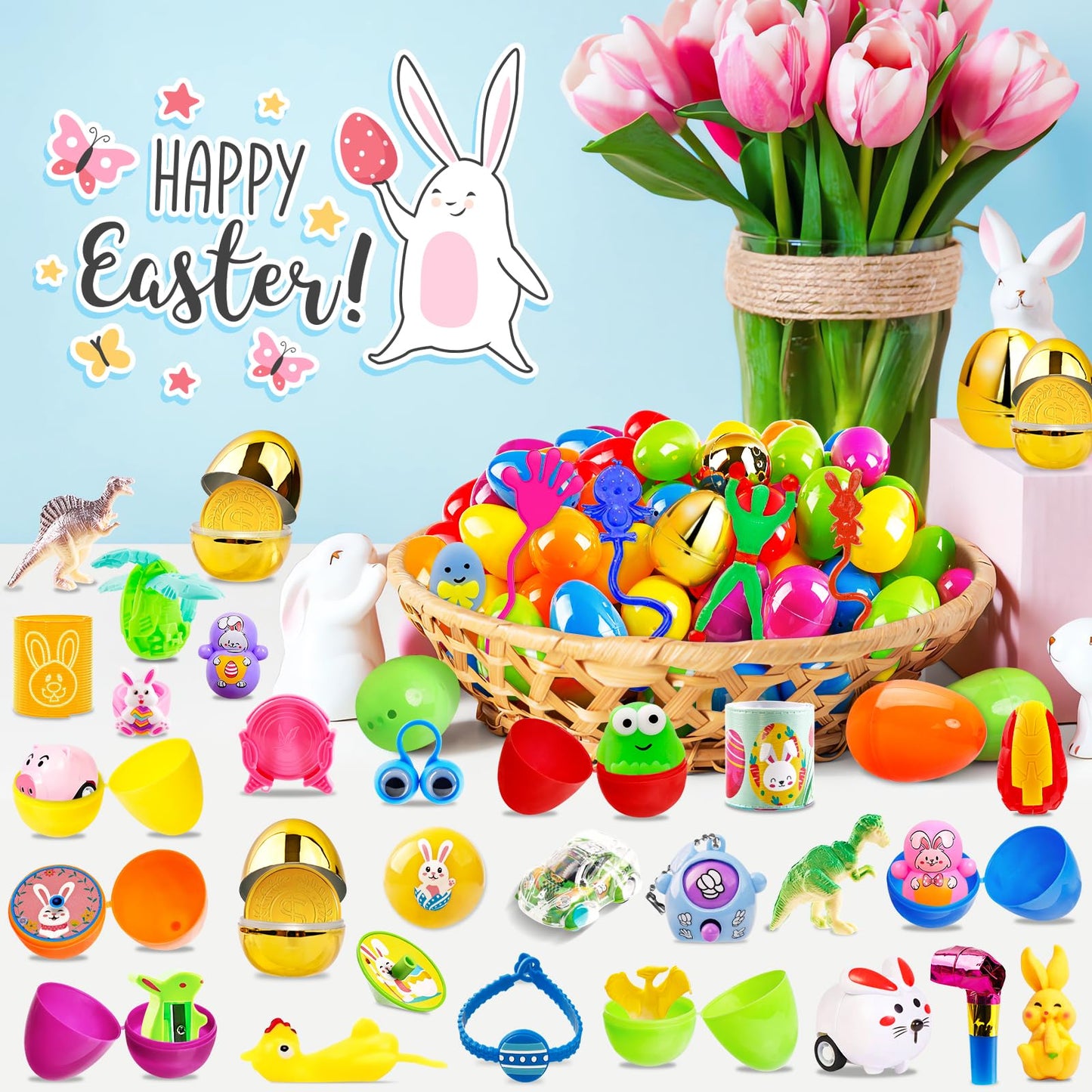 WOWSCAN [ 6 Surprise Golden Eggs ] 200 PACK Prefilled Easter Egg Fillers with Novelty Toys Inside, Easter Basket Stuffers Classroom Prizes Supplies Egg Hunt Party Favors for Kids Toddlers Boys Girls