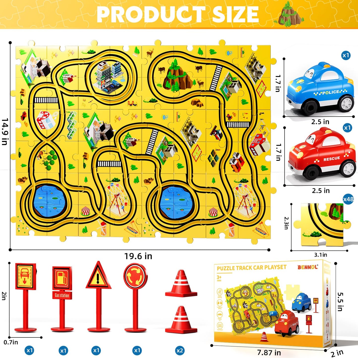 Bennol 56Pcs Puzzle Race Car Track Set Toys for Kids Floor Puzzle Tracks Car Gifts for 3 4 5 Year Old Boys Kids Toys Gifts for 3 4 5 Year Old Boys Puzzle Racer Set for Ages 3-5 4-6