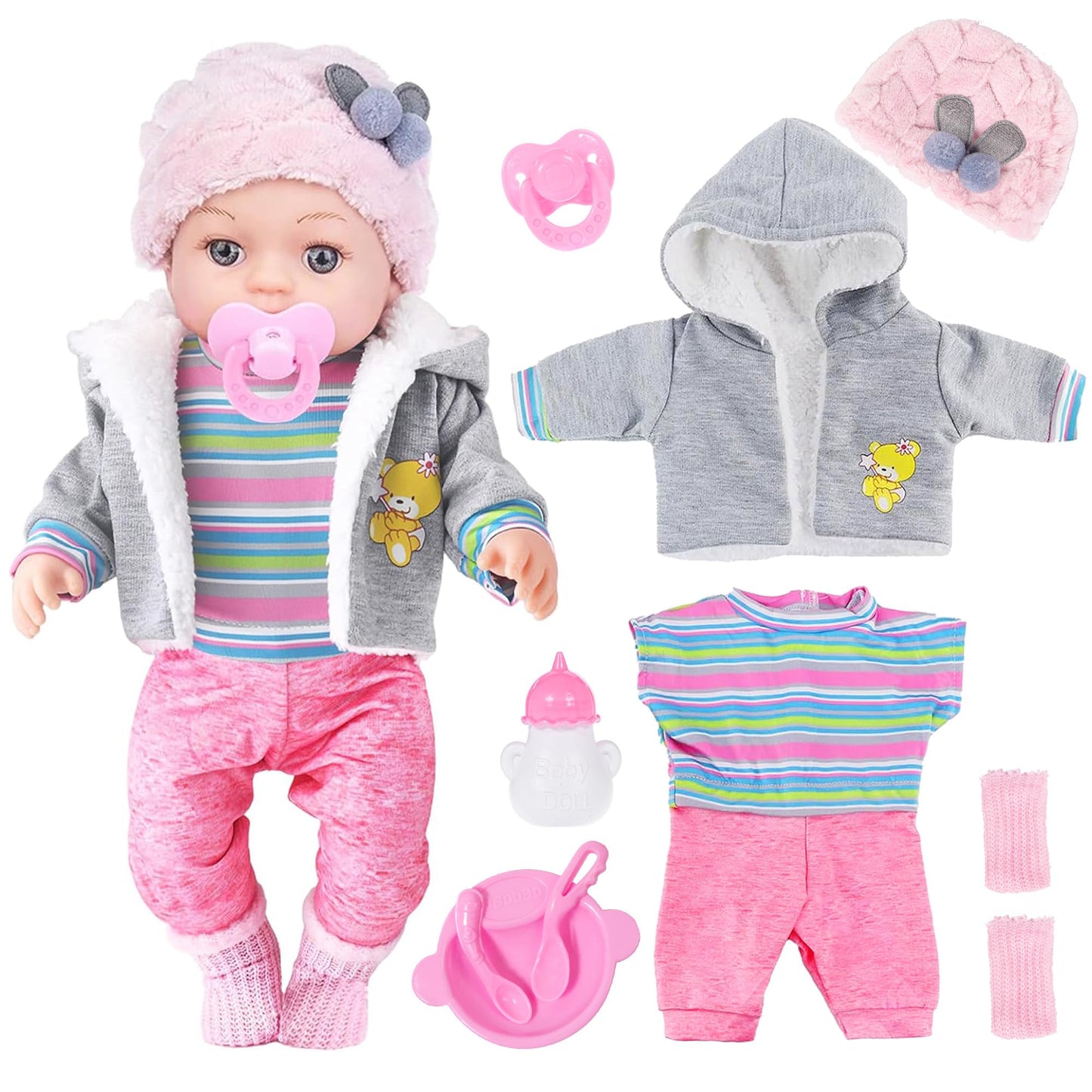 dollbie 12 Inch Realistic Baby Doll with Outfits & Feeding Accessories - Lifelike Baby Doll with Pacifier, Bottle & Feeding Set, Ideal Gift for Toddler Girls Age 3+