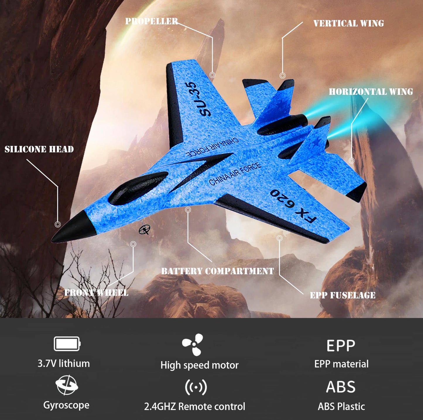Eayaele SU-35 RC Plane, 2CH Remote Control Airplane, Ready & Easy to Fly for Beginners, RC Aircraft Jet with Luminous (Blue)