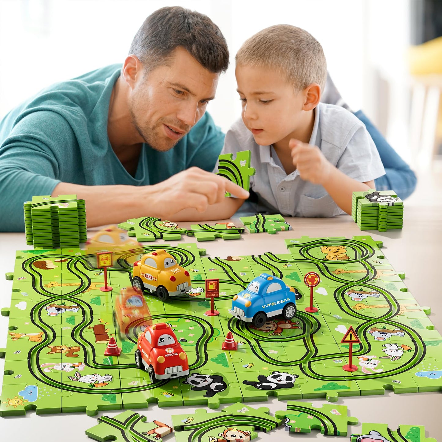 Bennol Toddler Car Toys Gifts for 2 3 4 5 Year Old Boys 73PCS Jigsaw Puzzle Race Track Car Set Toys for Kids Toddlers 1-3 2-4 3-5 4-6 Puzzle Race Car Tracks Birthday Gifts for 2 3 4 5 Year Old Boy