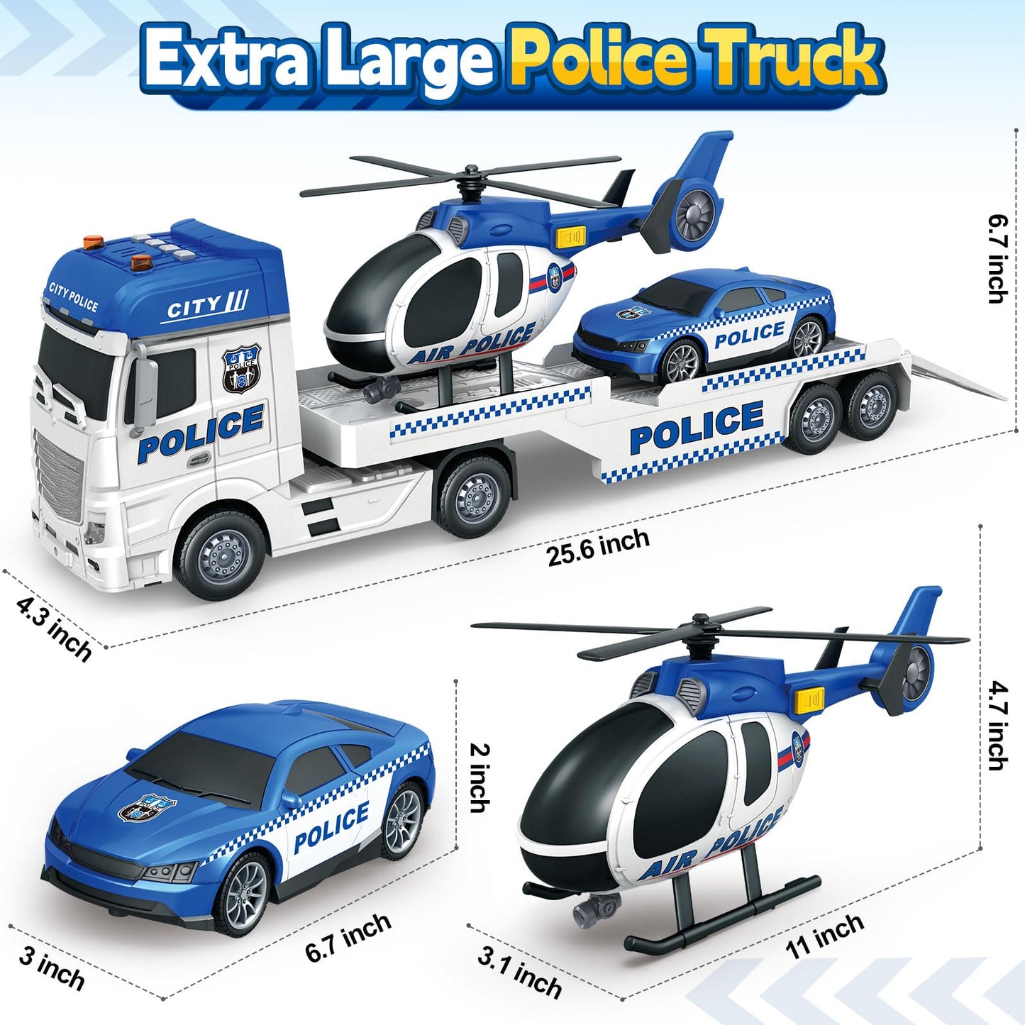 Kids Toys for 3 4 5 6 7 8 Years Old Boys, 25" Police Truck Toy with Racing Car and Helicopter, Toddler Friction Powered Truck Vehicle Toy with Lights, Sounds for Boys Girls Christmas Birthday Gifts