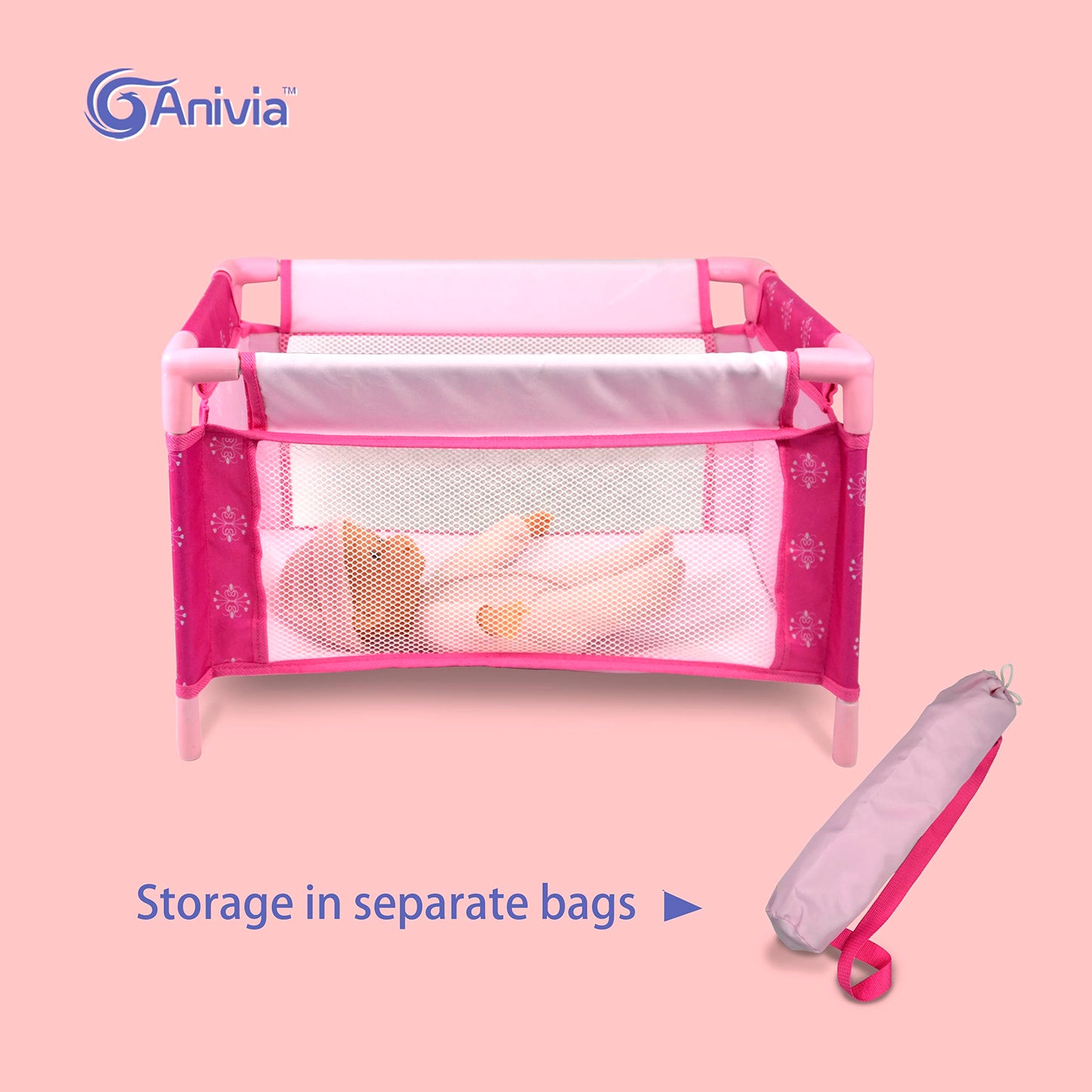 ANIVIA Baby Doll Stroller Set - Includes Stroller, Crib, Play Mat, Feeding Toy, Diaper Bag - Nursery Role Play Set (11" Doll Included)