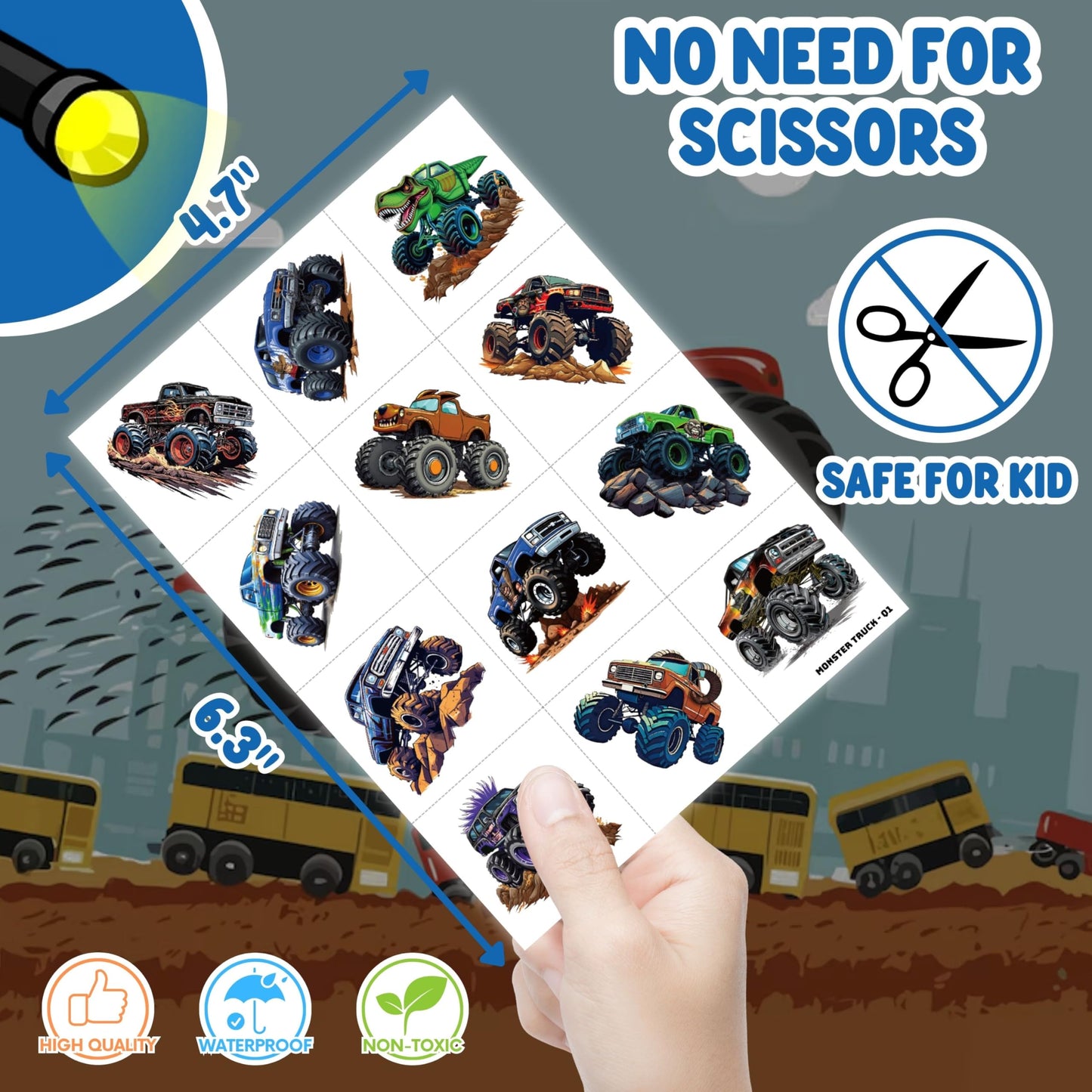 72 PCS Monster Truck Party Favors – 48 PCS Tattoos & 24 PCS LED Finger Lights Combo – Birthday Goodie Bag Fillers, Party Supplies, Gifts Light Up Toys Glow In The Dark for Boys and Girls