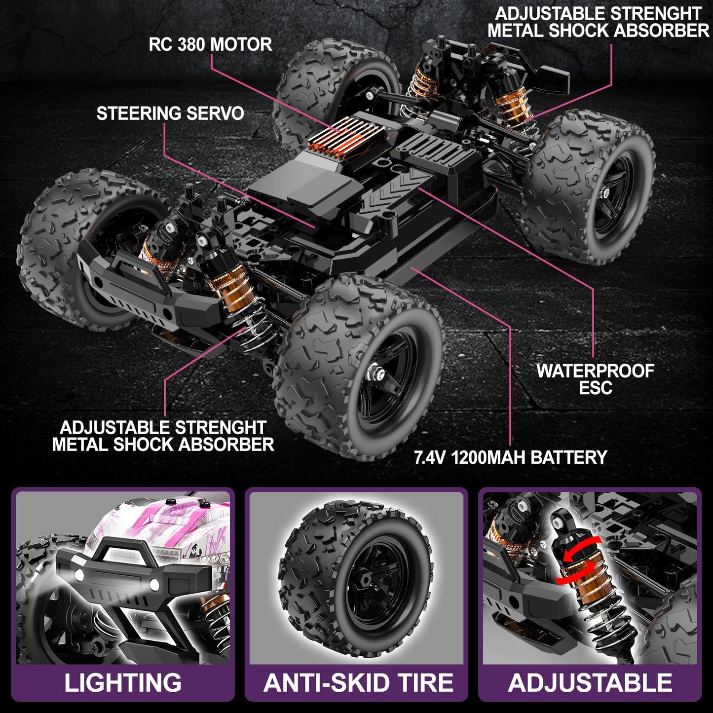 Womaqu Pink Remote Control Car for Girls, 1:18 Fast rc Cars for Girls with 40+ KM/H 4WD Off-Road rc Truck, Includes 2 Rechargeable Batteries, 8 9 10 11 12 13 Year Old Girl Gifts