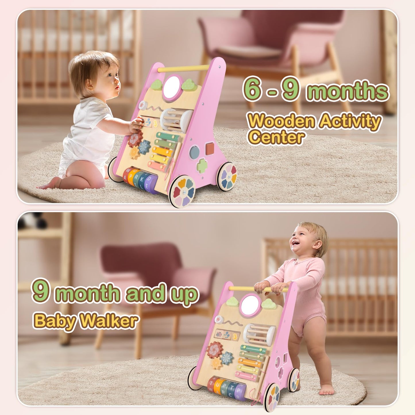 Baby Walker with Wheels, Wooden Push Walker Toys for Babies 10-12 Months, Baby Girl Walking Activity Toys for 1 Year Old